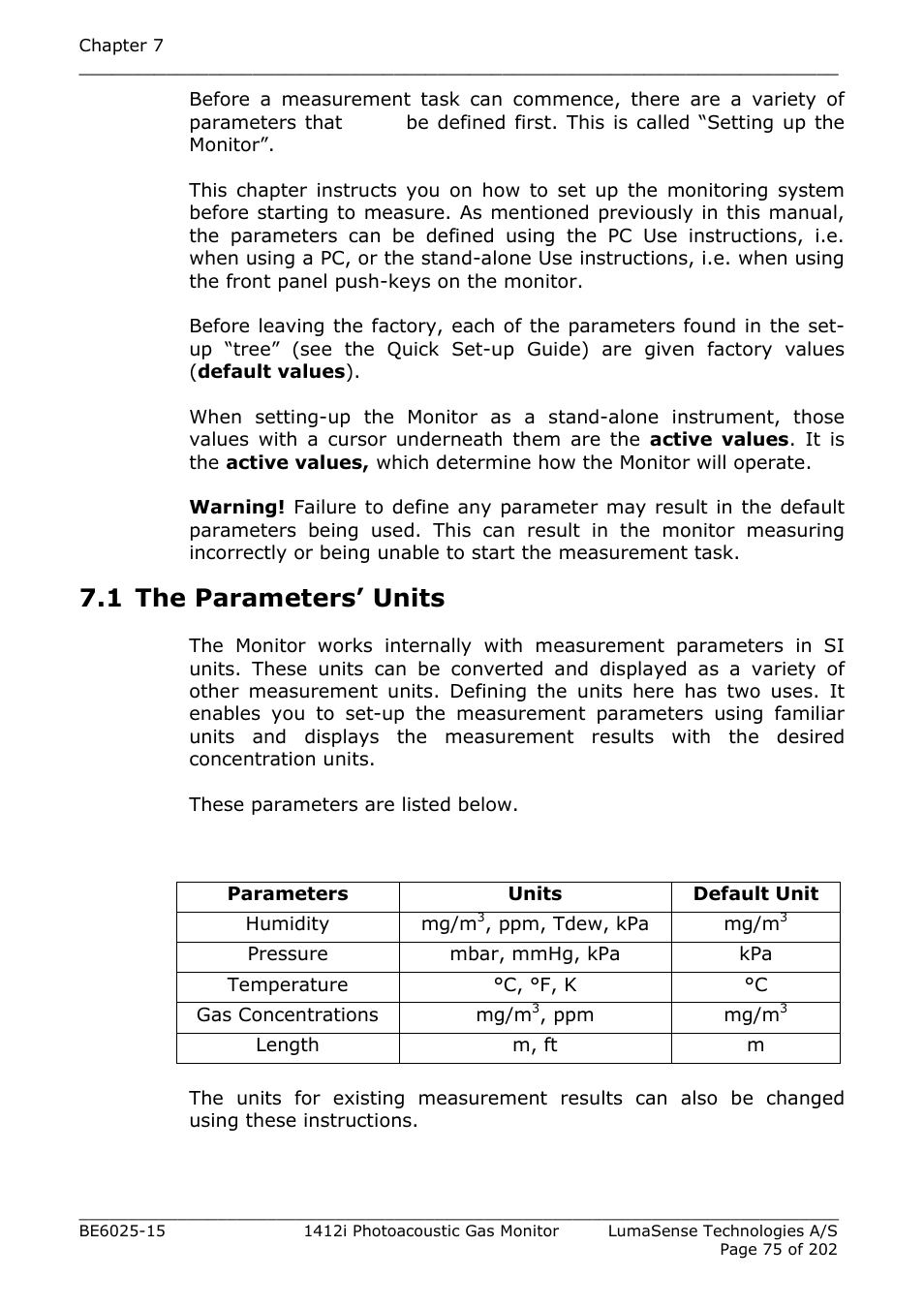 1 the parameters’ units | LumaSense Technologies INNOVA 1412i User Manual | Page 75 / 202