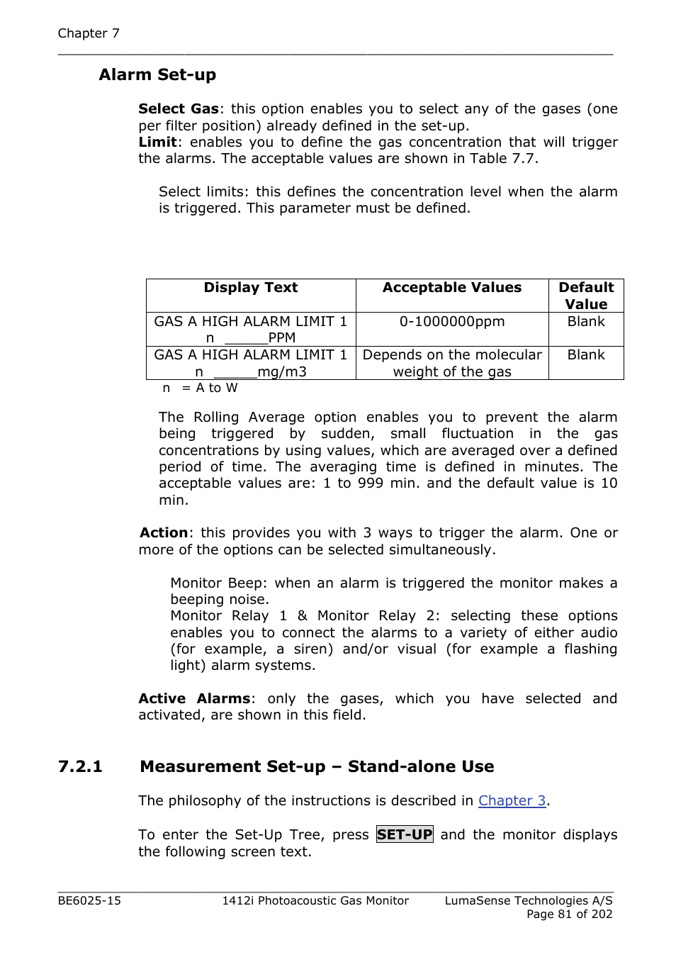 1 measurement set-up – stand-alone use, Alarm set-up | LumaSense Technologies INNOVA 1412i User Manual | Page 81 / 202