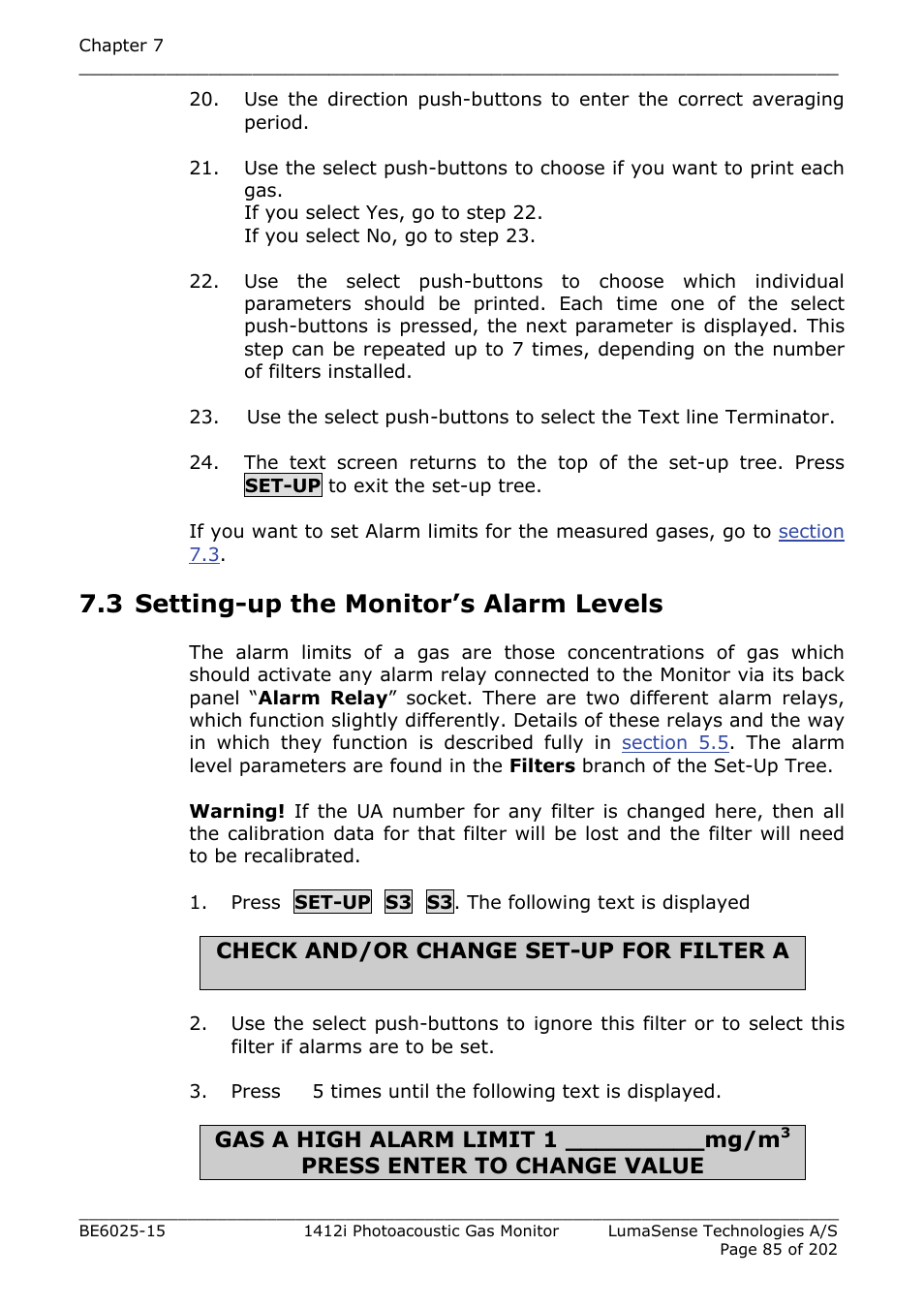 3 setting-up the monitor’s alarm levels | LumaSense Technologies INNOVA 1412i User Manual | Page 85 / 202