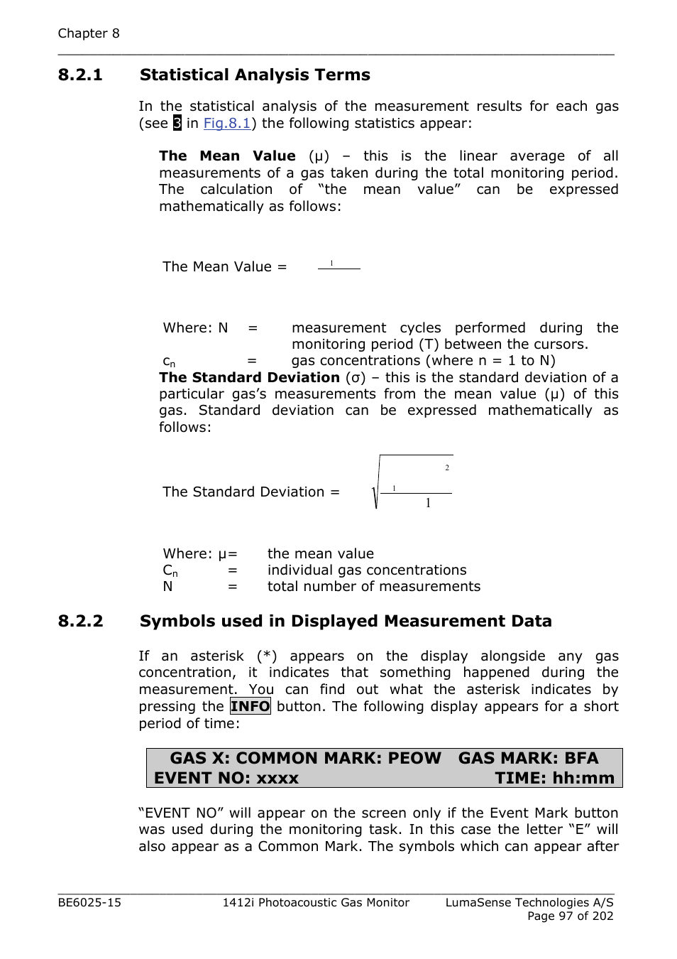 1 statistical analysis terms, 2 symbols used in displayed measurement data, Section | Section 8.2.2, Section 8.2.1 | LumaSense Technologies INNOVA 1412i User Manual | Page 97 / 202