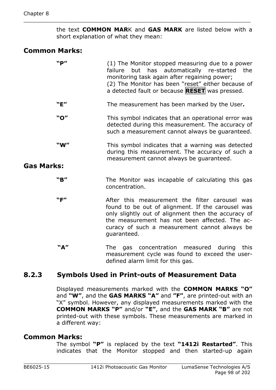 3 symbols used in print-outs of measurement data, Section 8.2.3 | LumaSense Technologies INNOVA 1412i User Manual | Page 98 / 202