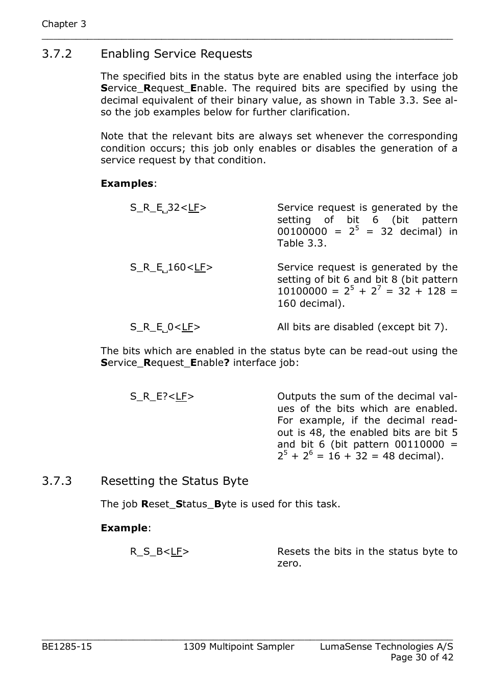 2 enabling service requests, 3 resetting the status byte | LumaSense Technologies INNOVA 1309 User Manual | Page 30 / 42