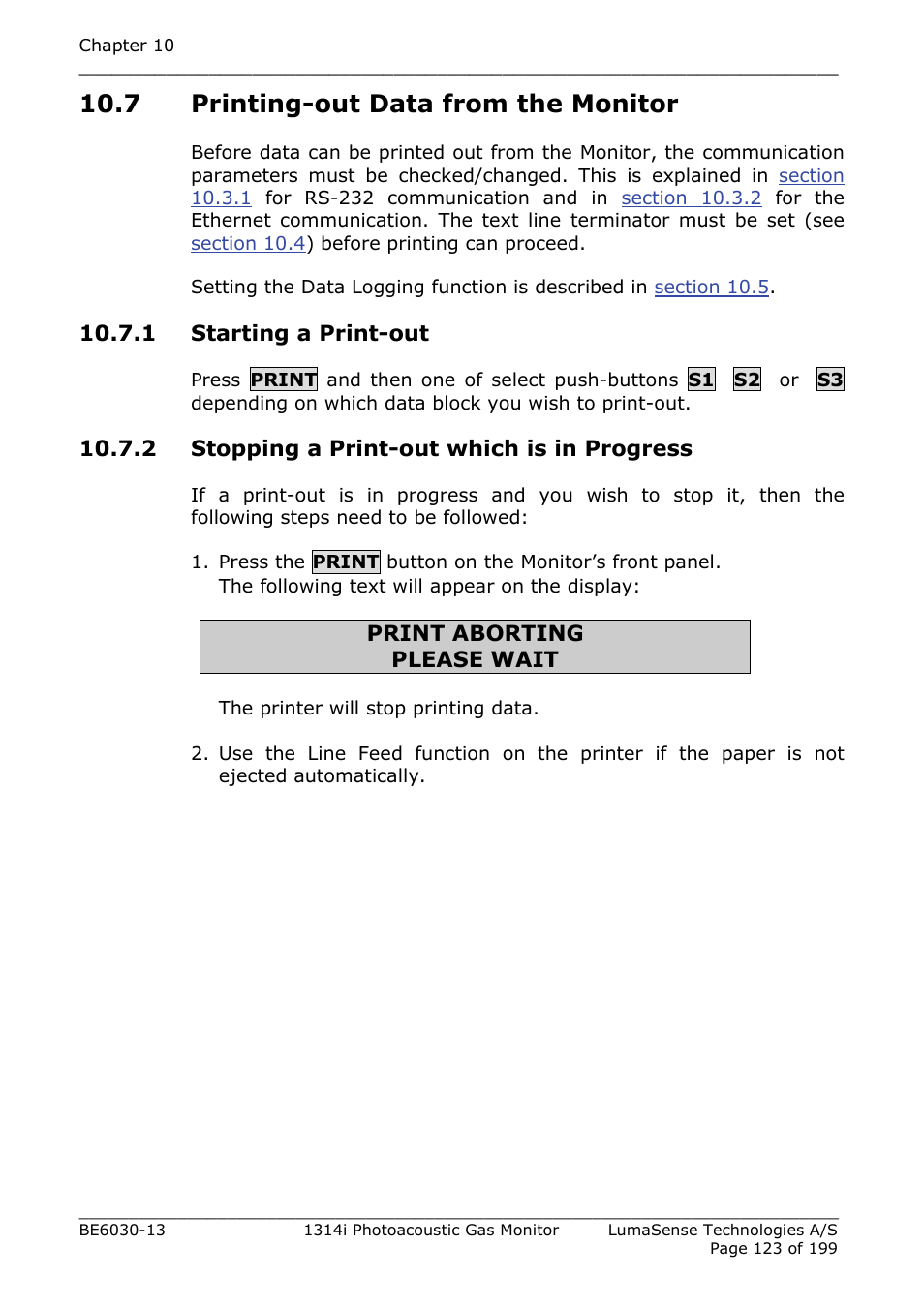 7 printing-out data from the monitor, 1 starting a print-out, 2 stopping a print-out which is in progress | LumaSense Technologies INNOVA 1314i User Manual | Page 123 / 199