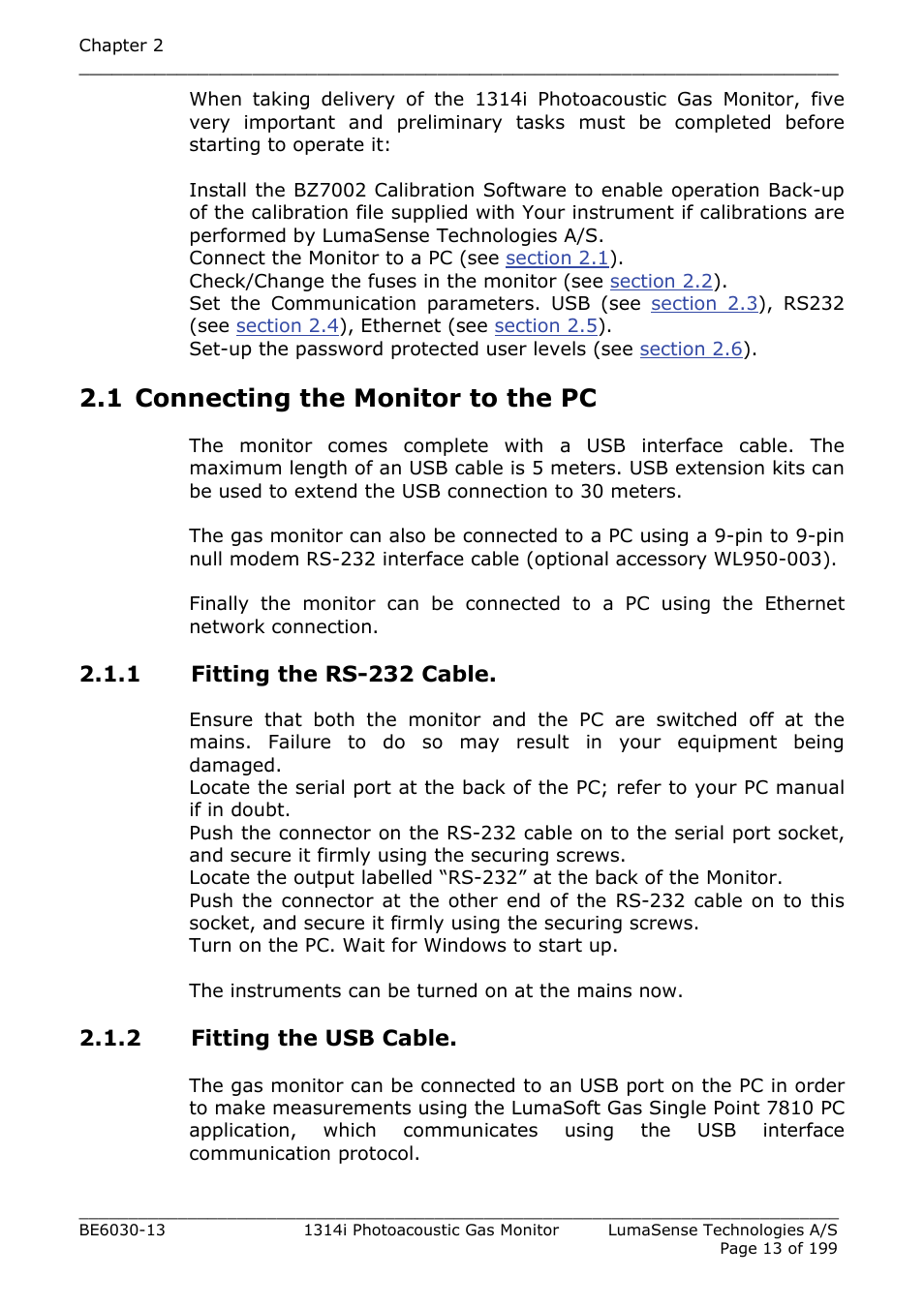 1 connecting the monitor to the pc, 1 fitting the rs-232 cable, 2 fitting the usb cable | LumaSense Technologies INNOVA 1314i User Manual | Page 13 / 199