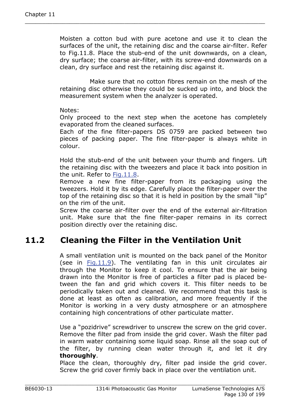 2 cleaning the filter in the ventilation unit, Section 11.2 | LumaSense Technologies INNOVA 1314i User Manual | Page 130 / 199