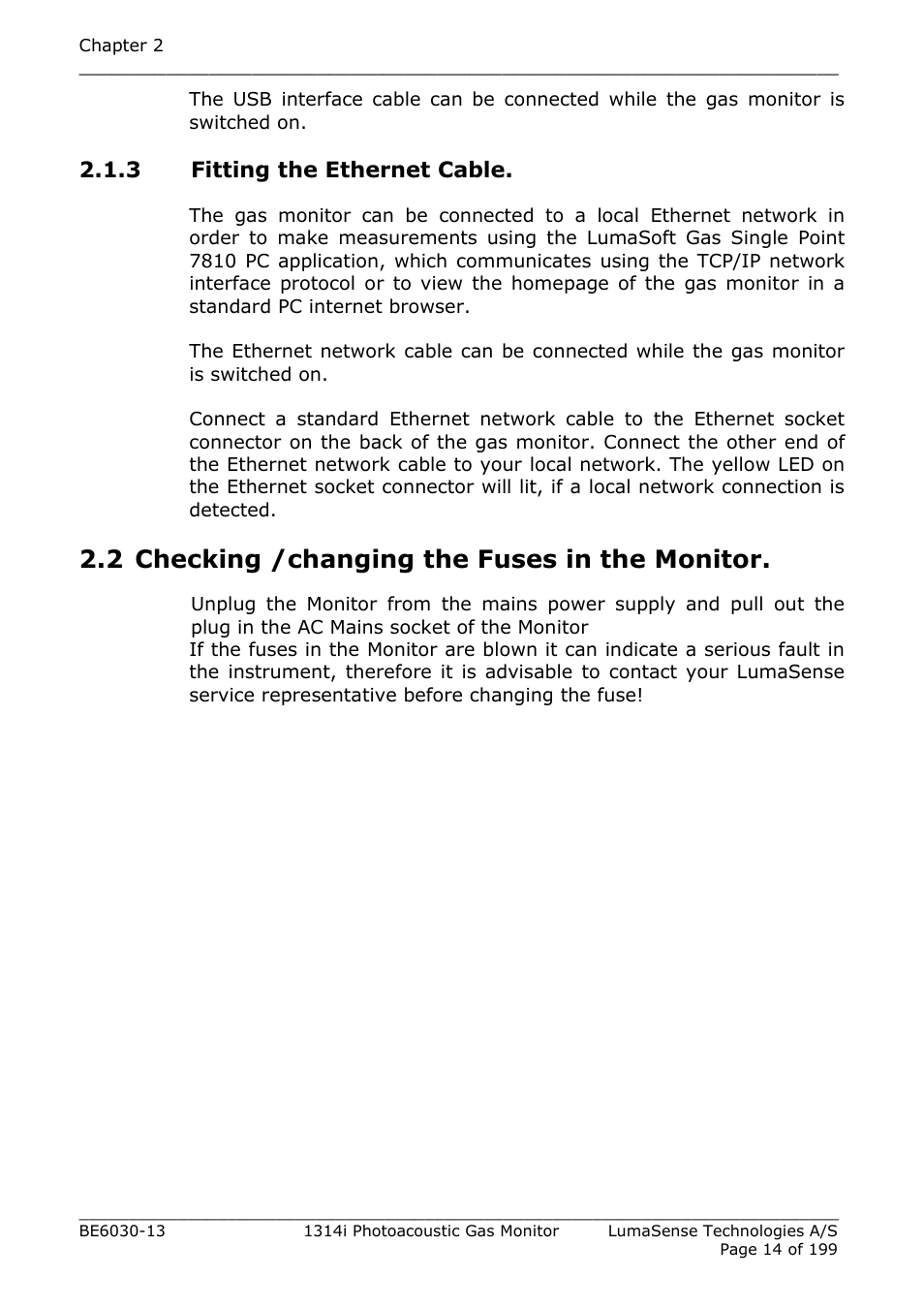 3 fitting the ethernet cable, 2 checking /changing the fuses in the monitor, Section 2.2 | LumaSense Technologies INNOVA 1314i User Manual | Page 14 / 199