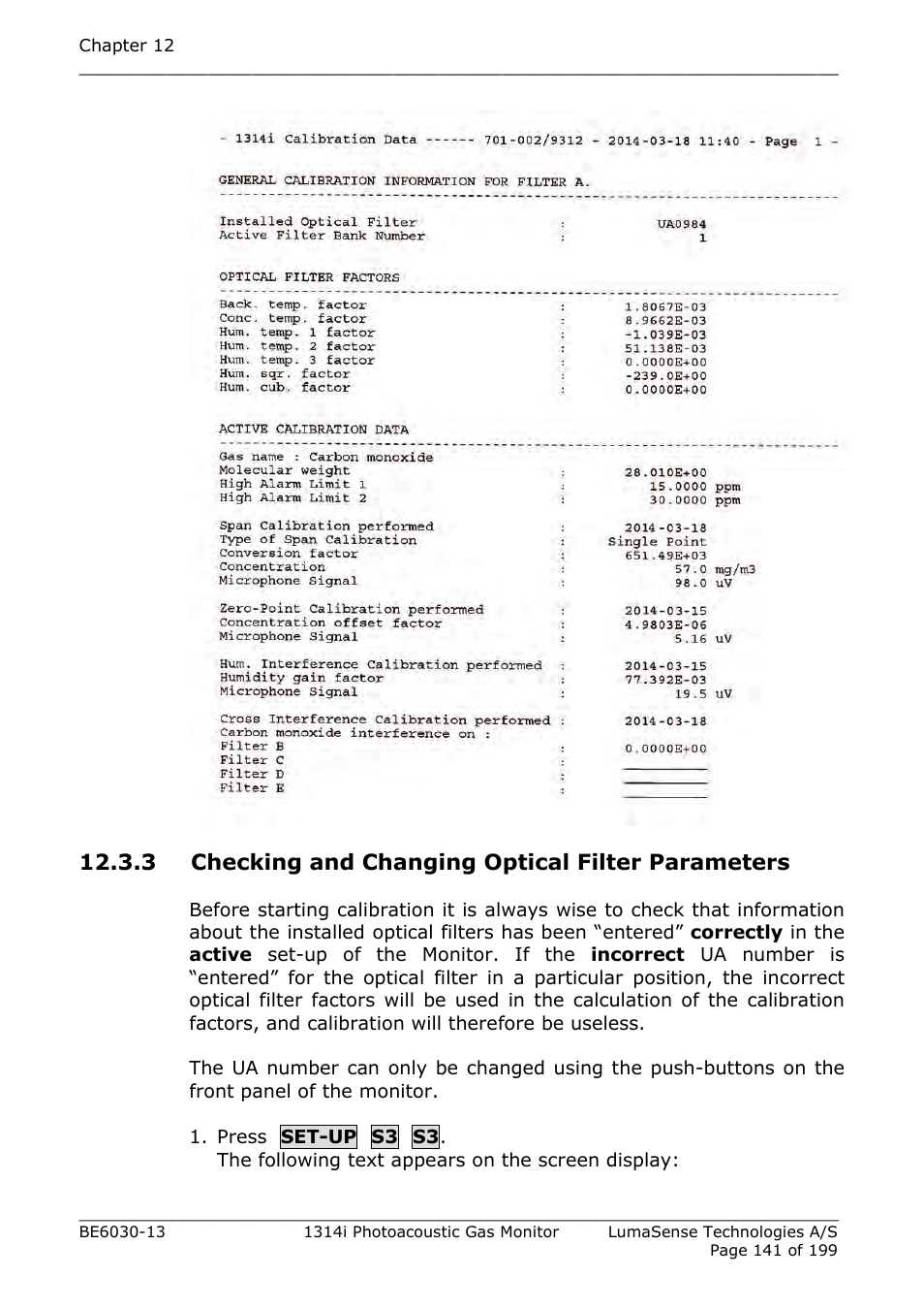 3 checking and changing optical filter parameters, Section 12.3.3, Fig.12.4 | LumaSense Technologies INNOVA 1314i User Manual | Page 141 / 199
