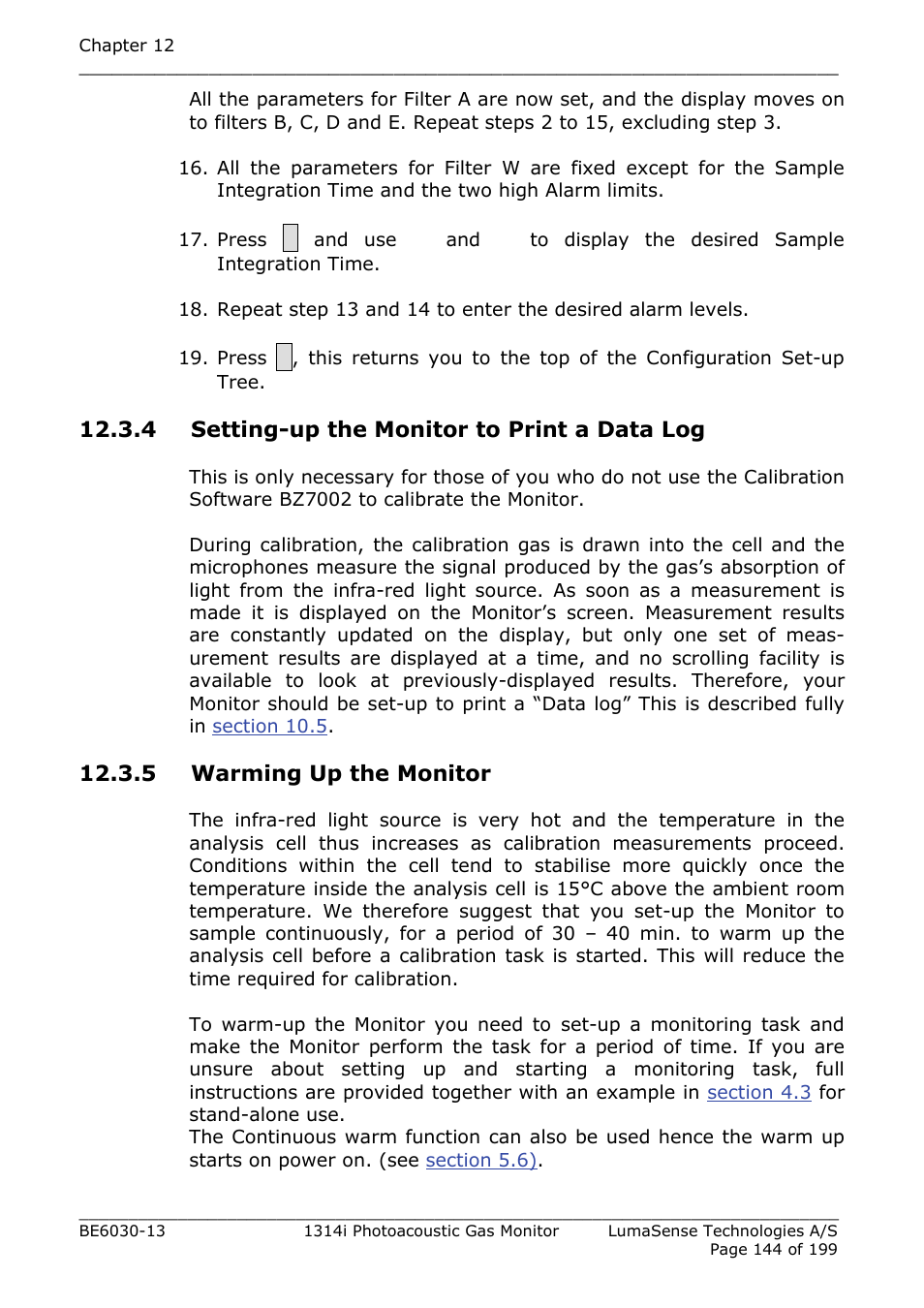 4 setting-up the monitor to print a data log, 5 warming up the monitor | LumaSense Technologies INNOVA 1314i User Manual | Page 144 / 199