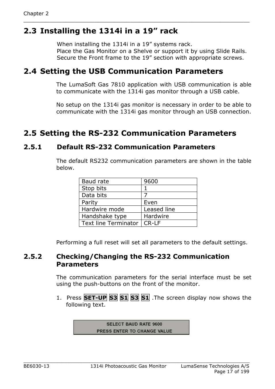 3 installing the 1314i in a 19” rack, 4 setting the usb communication parameters, 5 setting the rs-232 communication parameters | 1 default rs-232 communication parameters, Section 2.3, Section 2.4, Section 2.5 | LumaSense Technologies INNOVA 1314i User Manual | Page 17 / 199