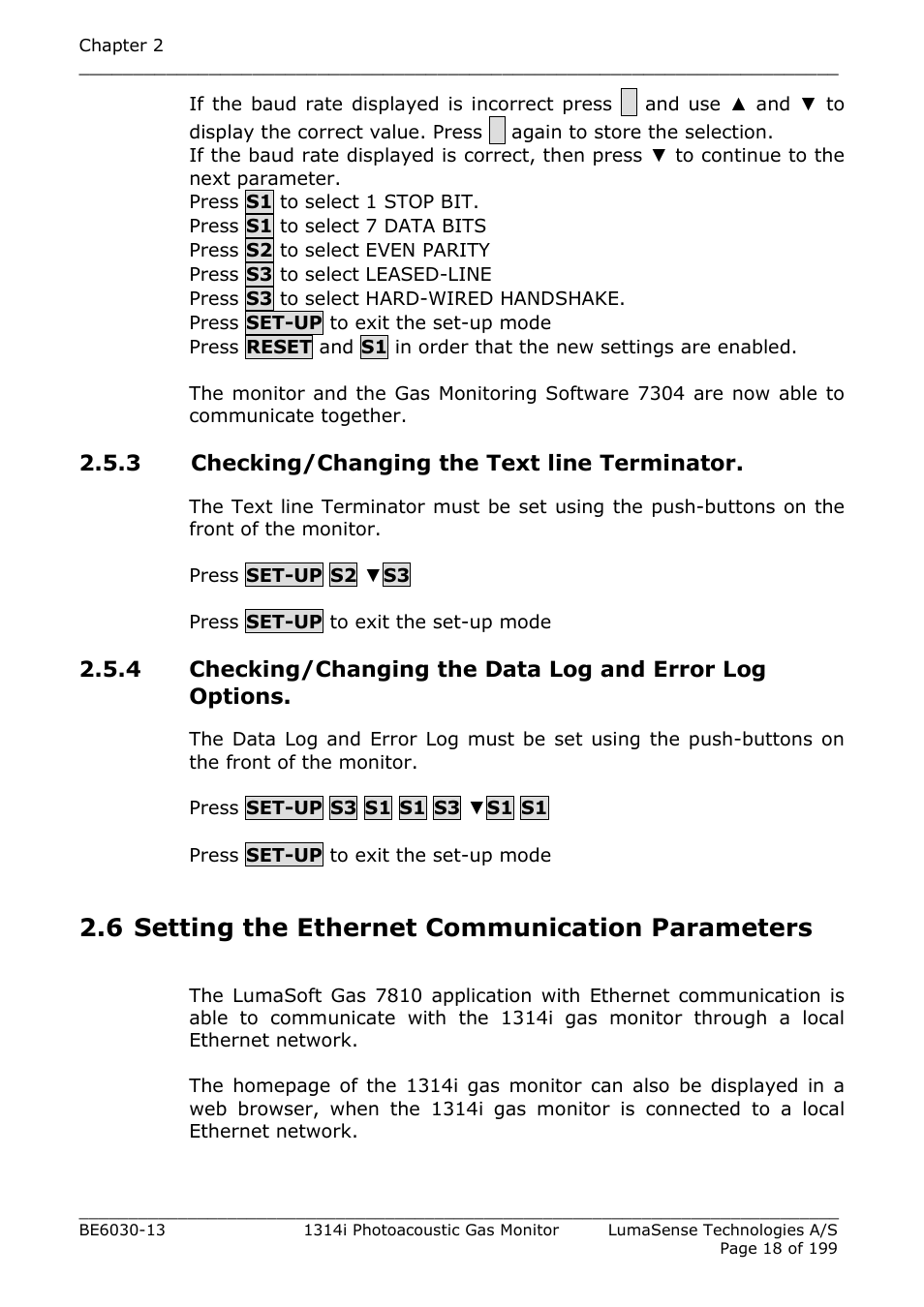 3 checking/changing the text line terminator, 6 setting the ethernet communication parameters, Section 2.6 | LumaSense Technologies INNOVA 1314i User Manual | Page 18 / 199