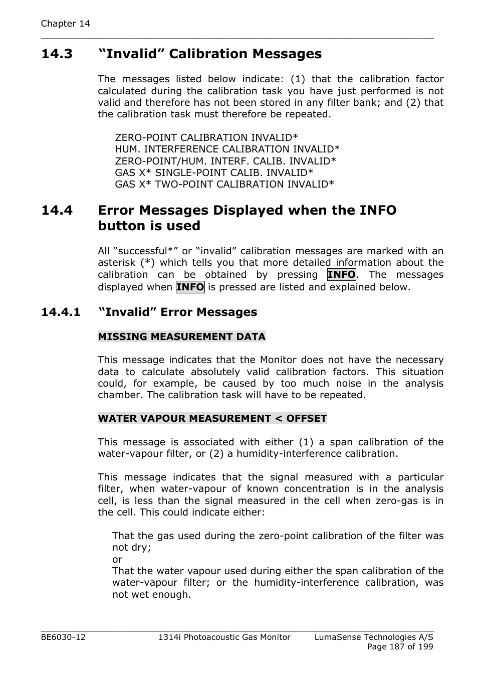 3 “invalid” calibration messages, 1 “invalid” error messages, Section | LumaSense Technologies INNOVA 1314i User Manual | Page 187 / 199