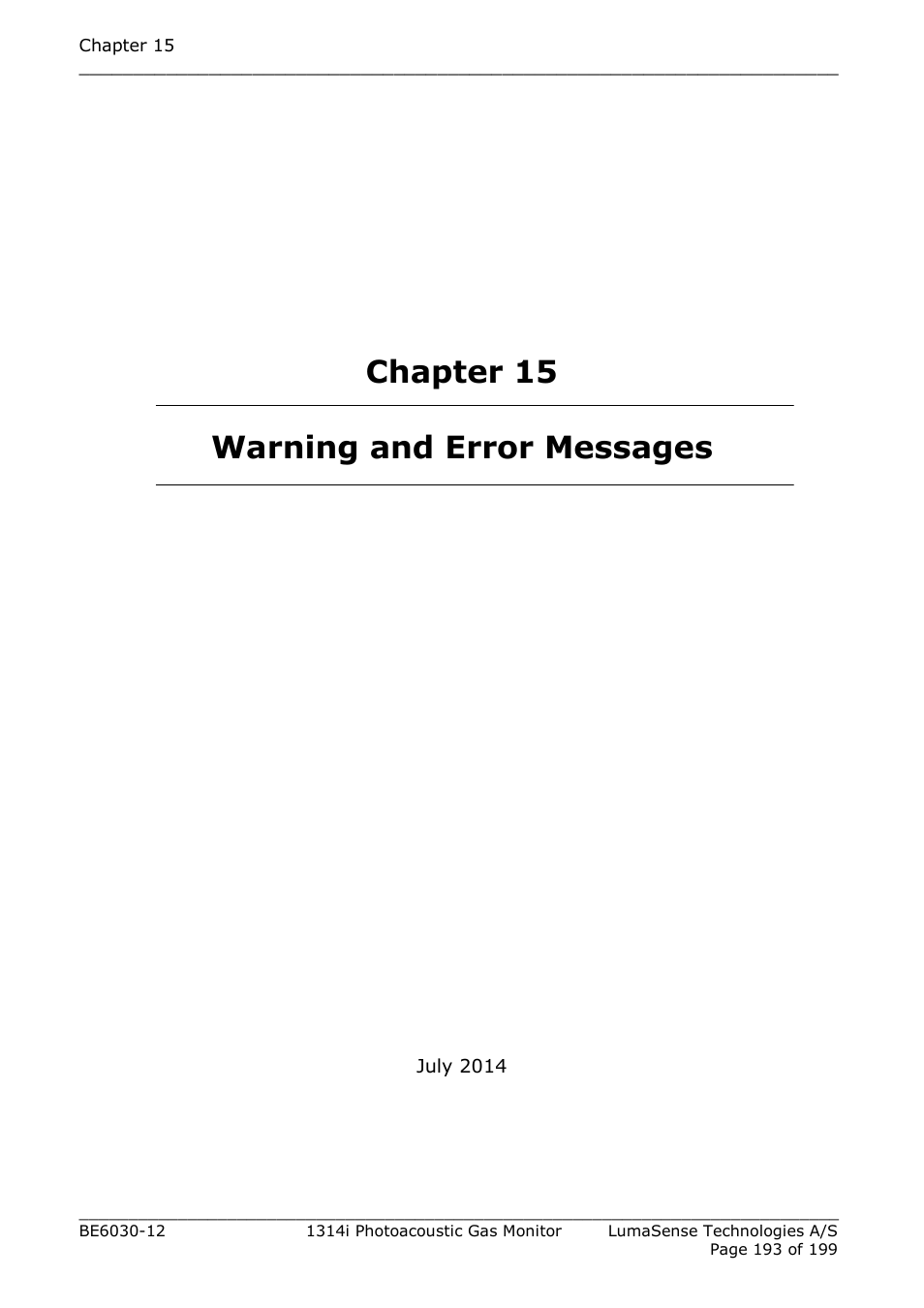 Chapter 15 warning and error messages, Chapter 15 | LumaSense Technologies INNOVA 1314i User Manual | Page 193 / 199