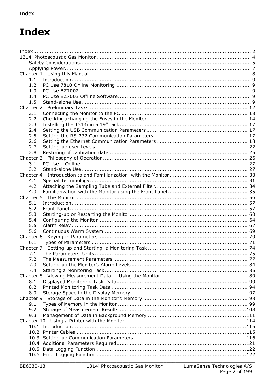 Index | LumaSense Technologies INNOVA 1314i User Manual | Page 2 / 199