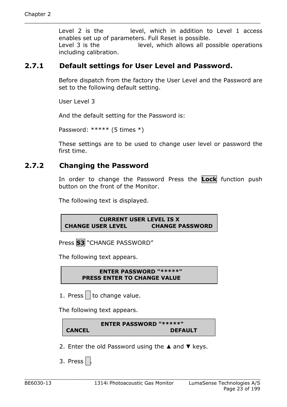 1 default settings for user level and password, 2 changing the password | LumaSense Technologies INNOVA 1314i User Manual | Page 23 / 199