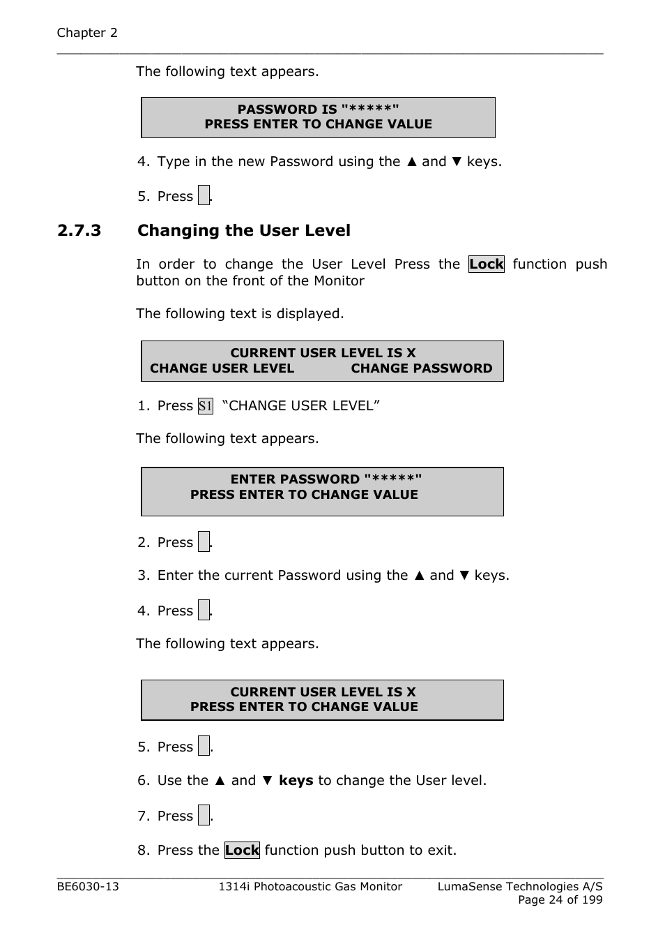 3 changing the user level | LumaSense Technologies INNOVA 1314i User Manual | Page 24 / 199