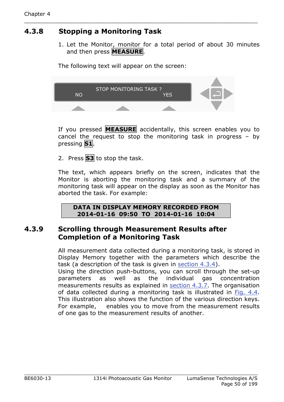 8 stopping a monitoring task, Section 4.3.8 | LumaSense Technologies INNOVA 1314i User Manual | Page 50 / 199