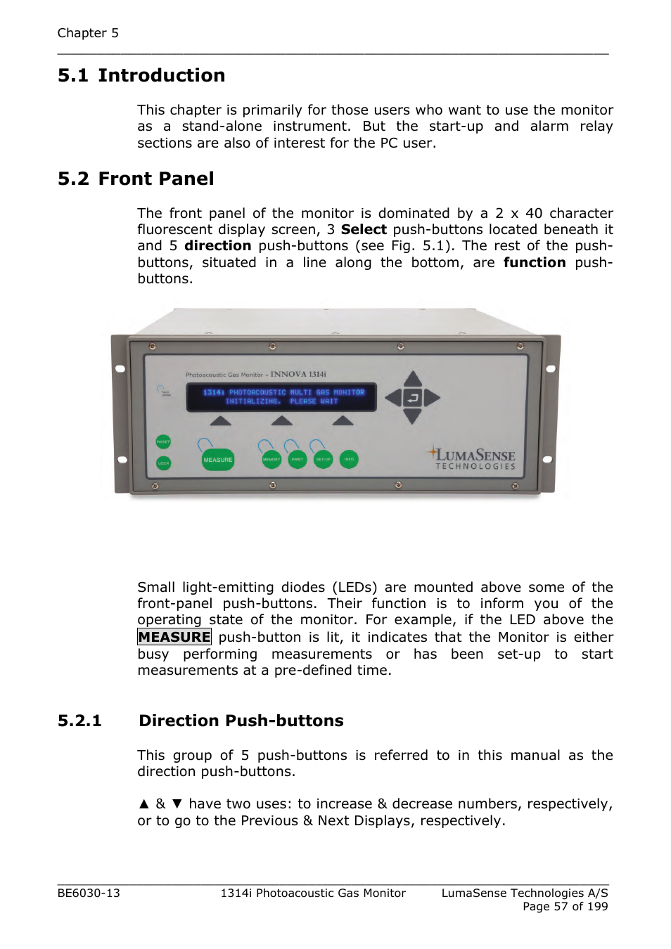 1 introduction, 2 front panel, 1 direction push-buttons | LumaSense Technologies INNOVA 1314i User Manual | Page 57 / 199