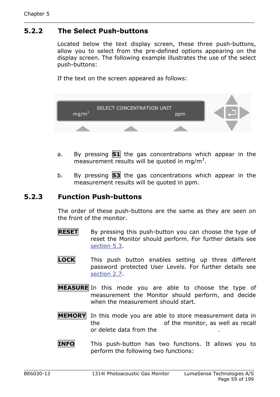 2 the select push-buttons, 3 function push-buttons | LumaSense Technologies INNOVA 1314i User Manual | Page 59 / 199