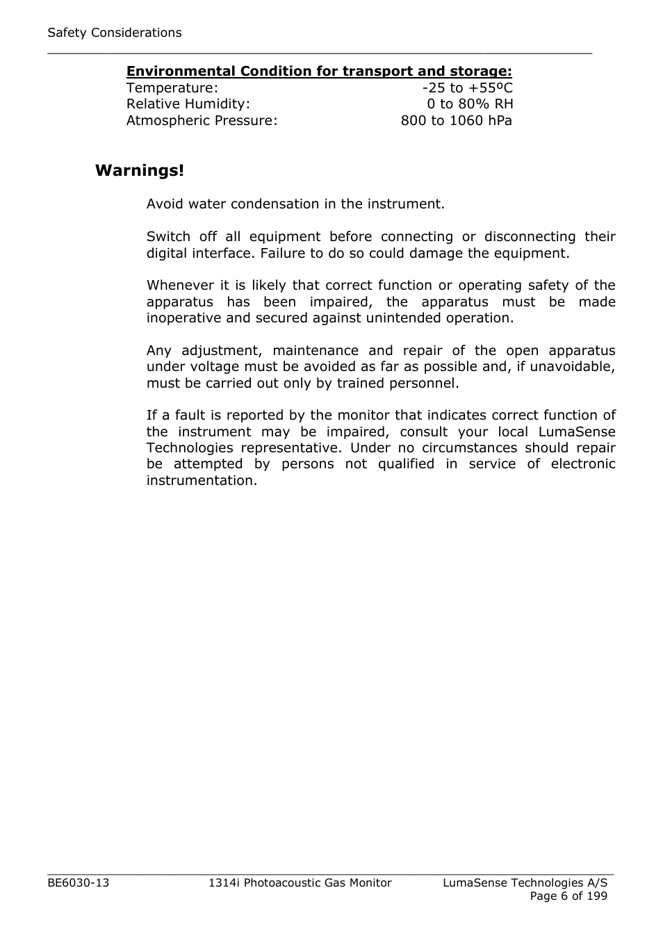 Warnings | LumaSense Technologies INNOVA 1314i User Manual | Page 6 / 199