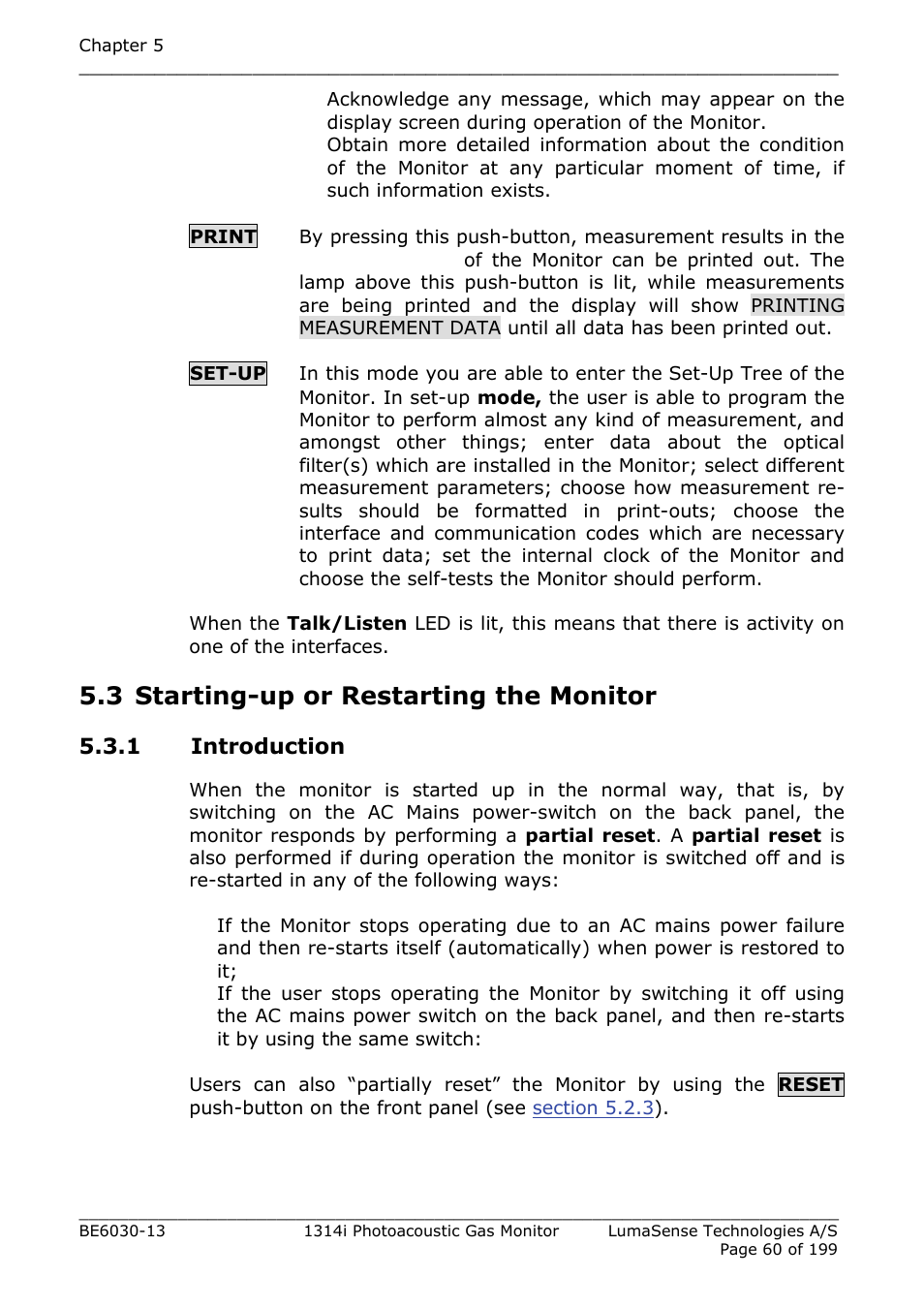 3 starting-up or restarting the monitor, 1 introduction, Section 5.3 | LumaSense Technologies INNOVA 1314i User Manual | Page 60 / 199