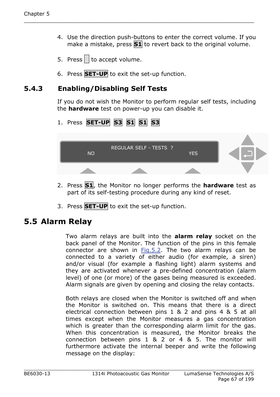 3 enabling/disabling self tests, 5 alarm relay | LumaSense Technologies INNOVA 1314i User Manual | Page 67 / 199