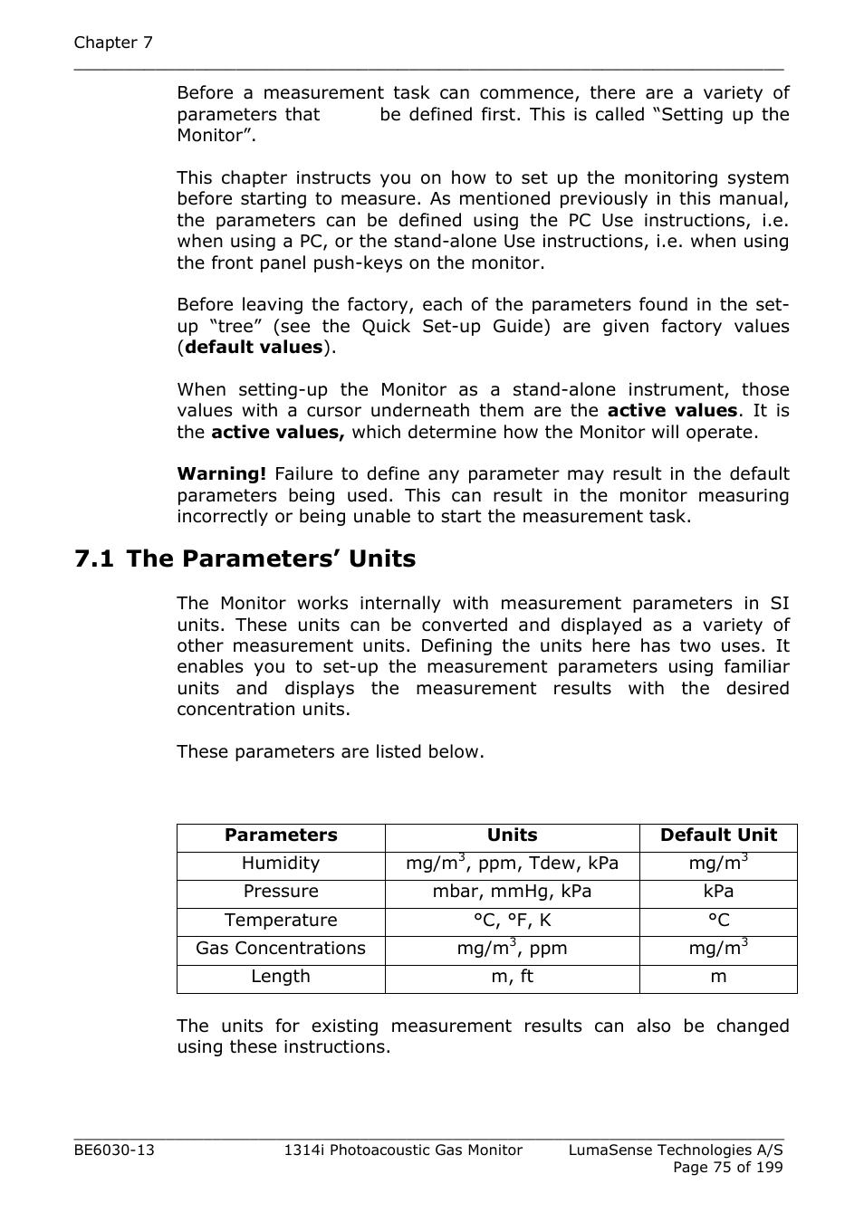 1 the parameters’ units | LumaSense Technologies INNOVA 1314i User Manual | Page 75 / 199