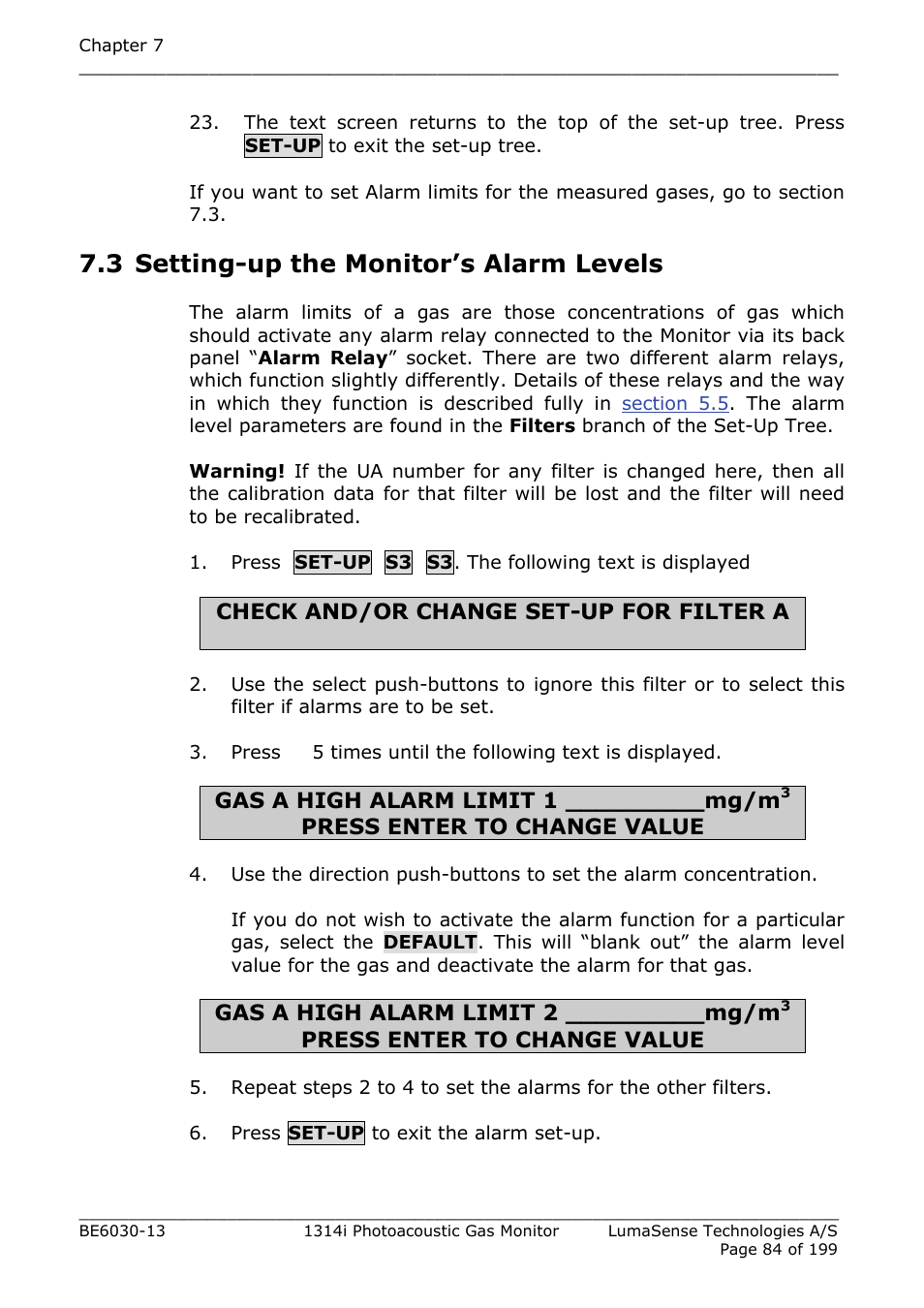 3 setting-up the monitor’s alarm levels | LumaSense Technologies INNOVA 1314i User Manual | Page 84 / 199