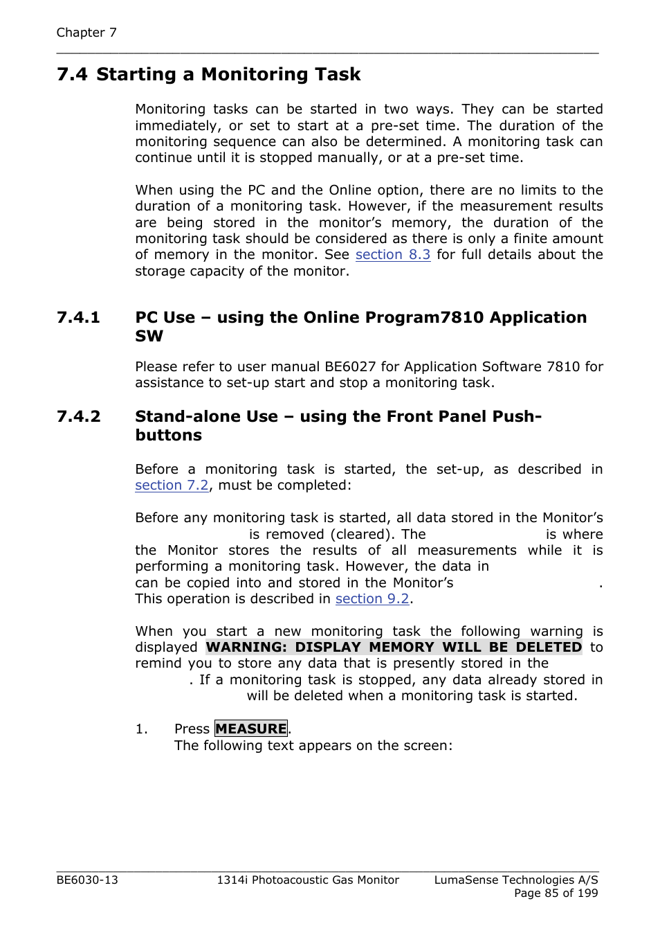 4 starting a monitoring task | LumaSense Technologies INNOVA 1314i User Manual | Page 85 / 199