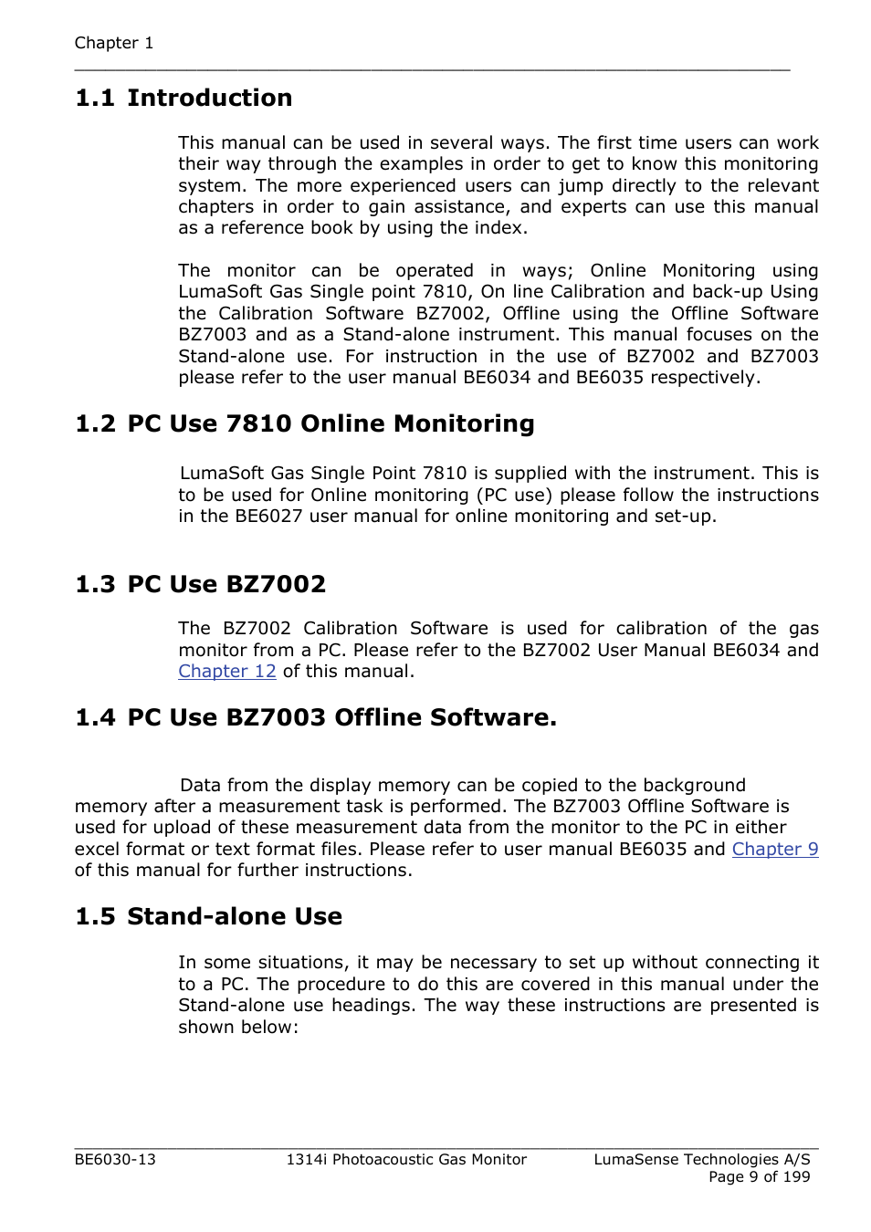1 introduction, 2 pc use 7810 online monitoring, 3 pc use bz7002 | 4 pc use bz7003 offline software, 5 stand-alone use | LumaSense Technologies INNOVA 1314i User Manual | Page 9 / 199