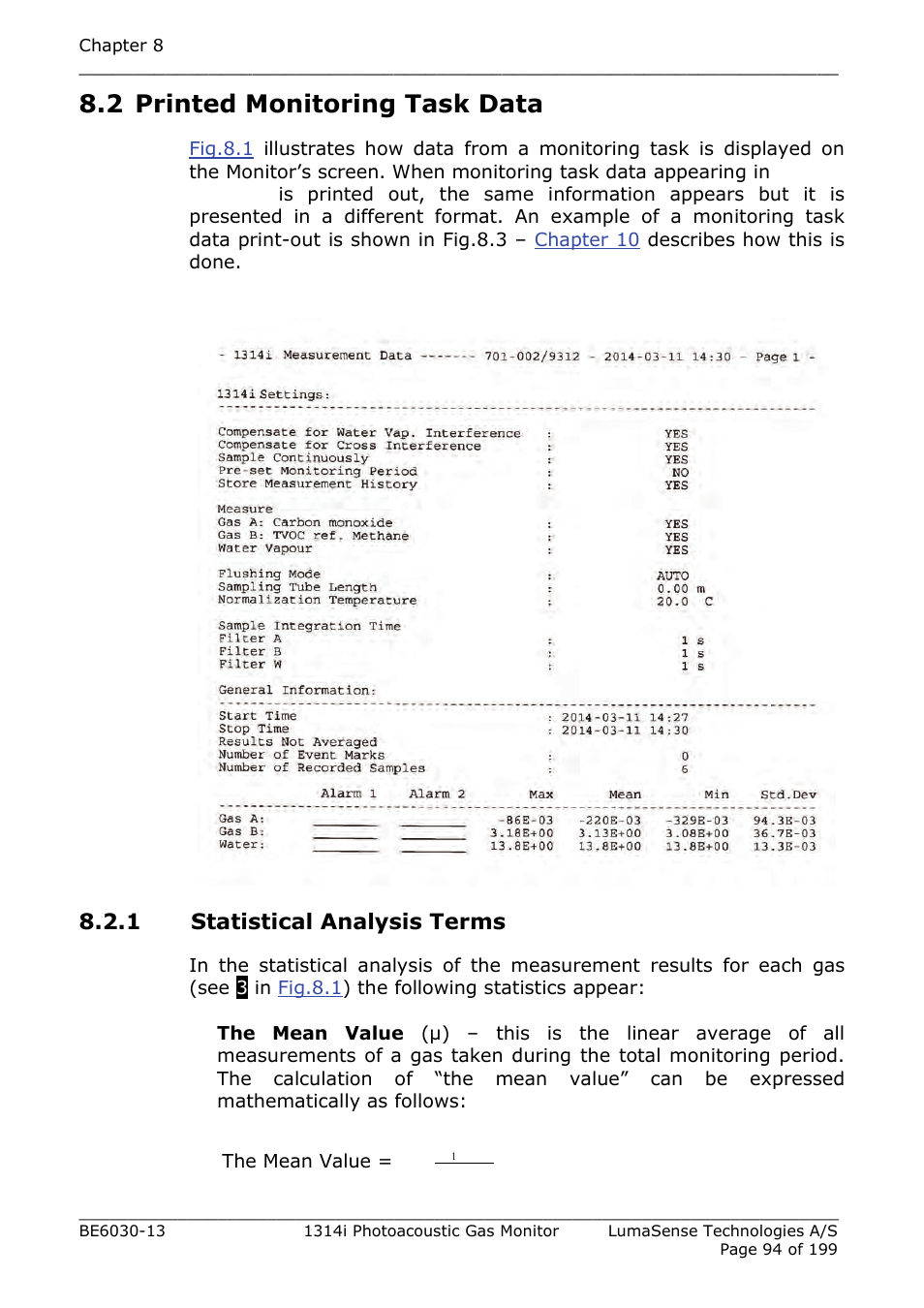 2 printed monitoring task data, 1 statistical analysis terms, Section | Section 8.2.1 | LumaSense Technologies INNOVA 1314i User Manual | Page 94 / 199