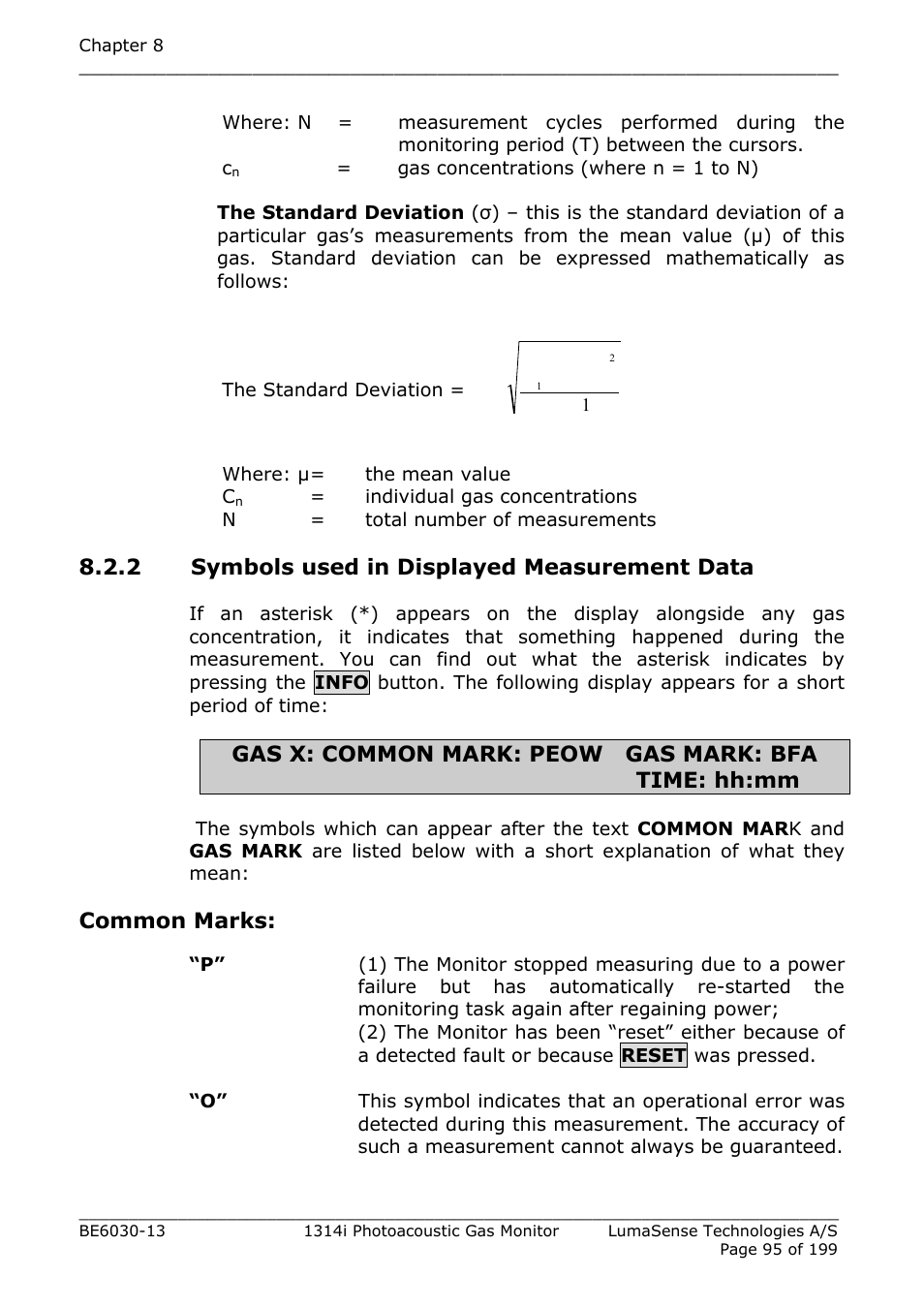 2 symbols used in displayed measurement data, Section 8.2.2, Gas x: common mark: peow gas mark: bfa time: hh:mm | Common marks | LumaSense Technologies INNOVA 1314i User Manual | Page 95 / 199