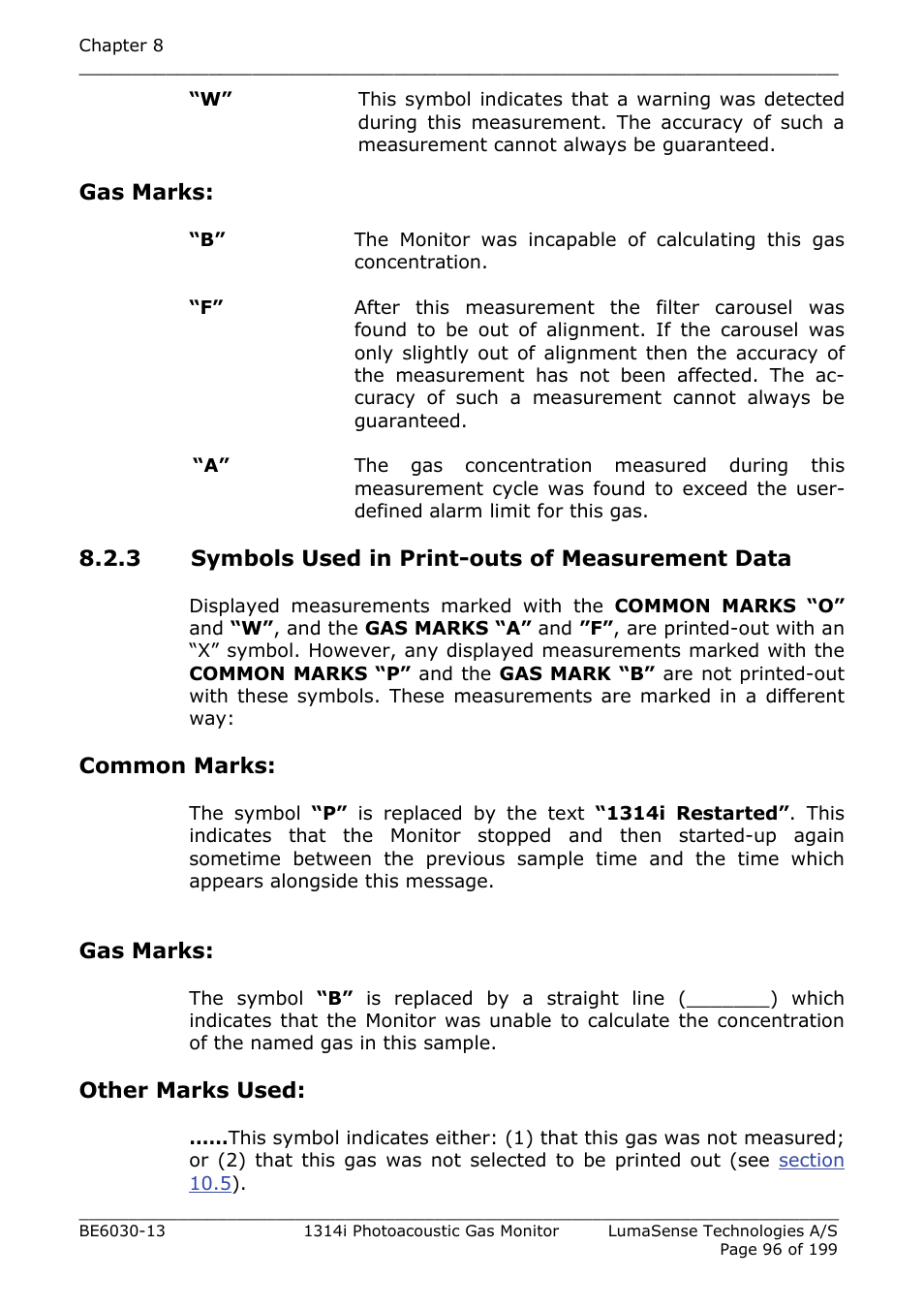 3 symbols used in print-outs of measurement data, Section 8.2.3 | LumaSense Technologies INNOVA 1314i User Manual | Page 96 / 199