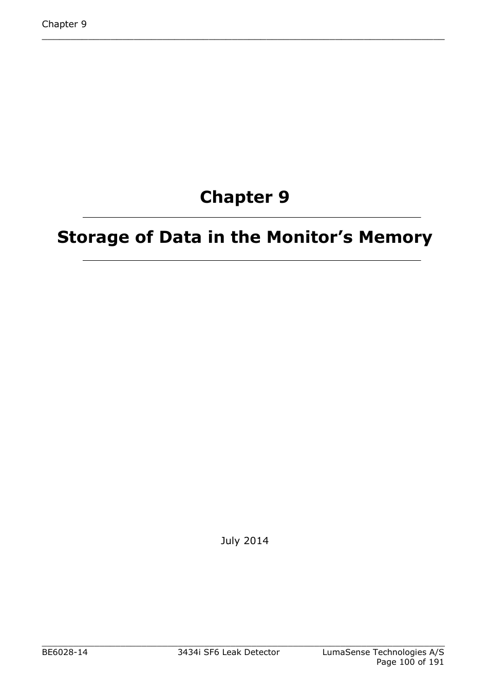 Chapter 9 storage of data in the monitor’s memory, Chapter 9 | LumaSense Technologies 3434i SF6 Leak Detector User Manual | Page 100 / 191