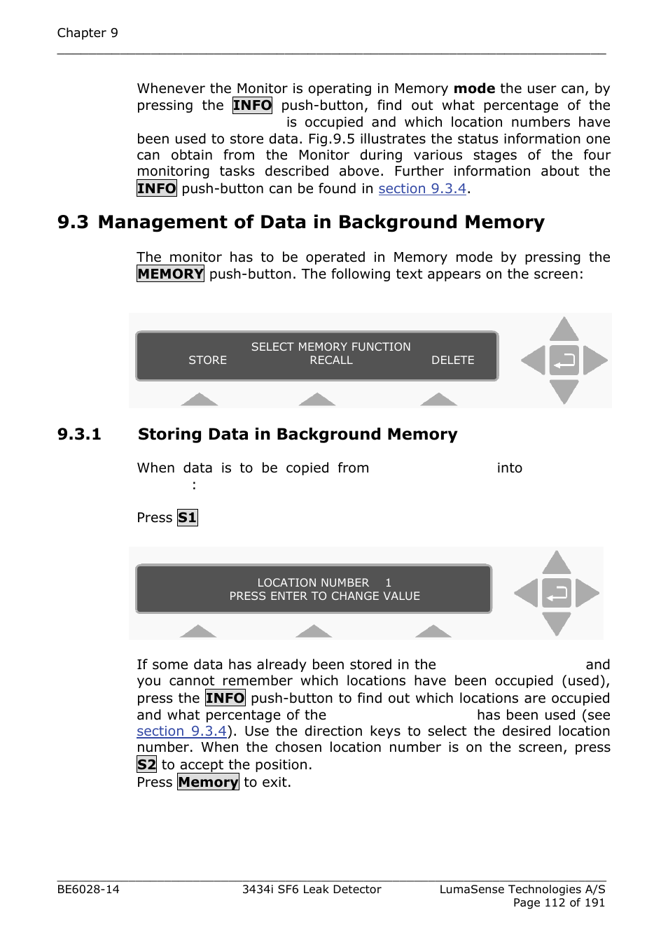 3 management of data in background memory, 1 storing data in background memory, Section 9.3.1 | LumaSense Technologies 3434i SF6 Leak Detector User Manual | Page 112 / 191