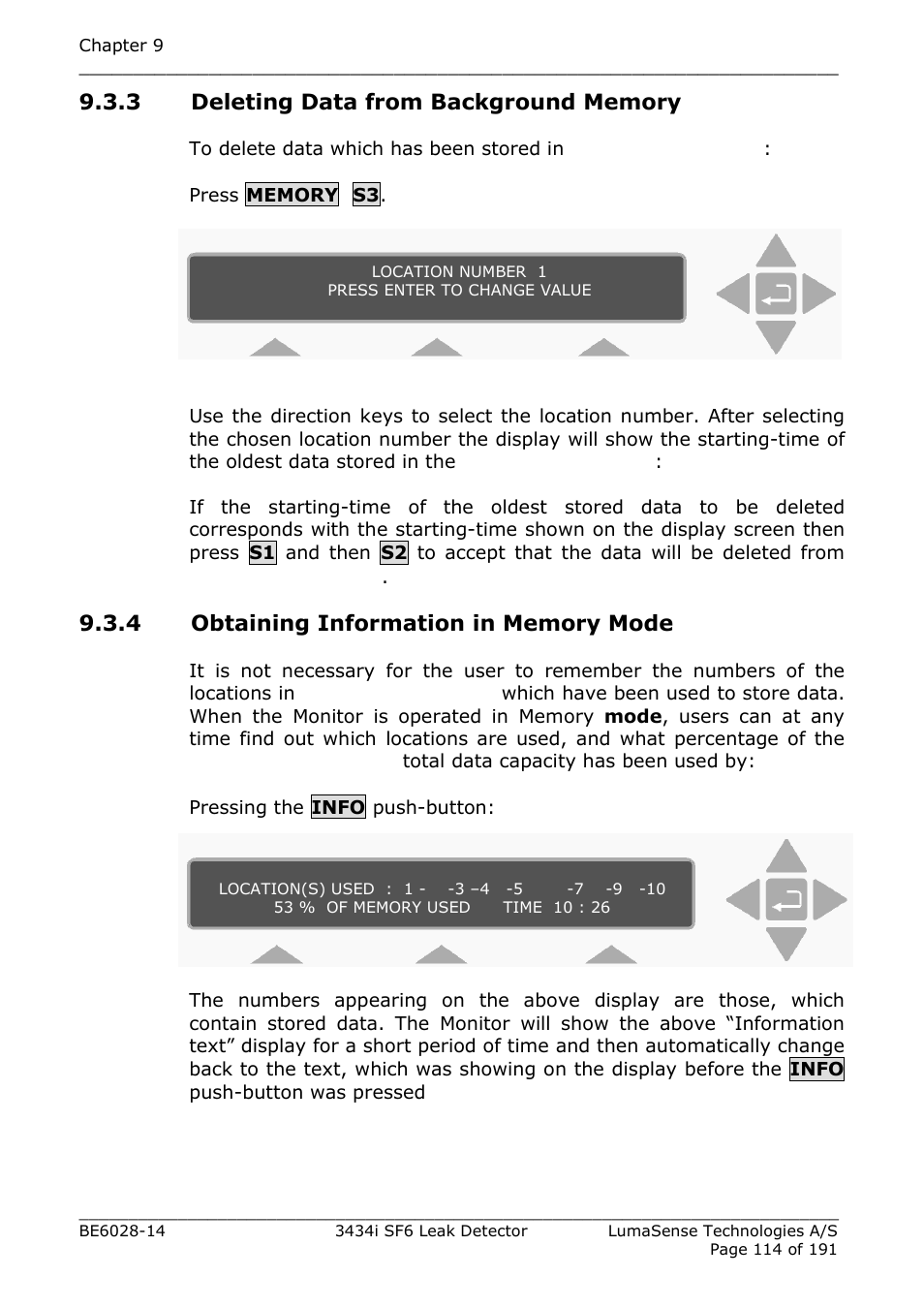 3 deleting data from background memory, 4 obtaining information in memory mode, Section 9.3.4 | LumaSense Technologies 3434i SF6 Leak Detector User Manual | Page 114 / 191