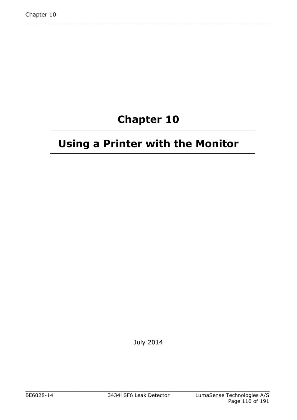 Chapter 10 using a printer with the monitor, Chapter, Chapter 10 | LumaSense Technologies 3434i SF6 Leak Detector User Manual | Page 116 / 191