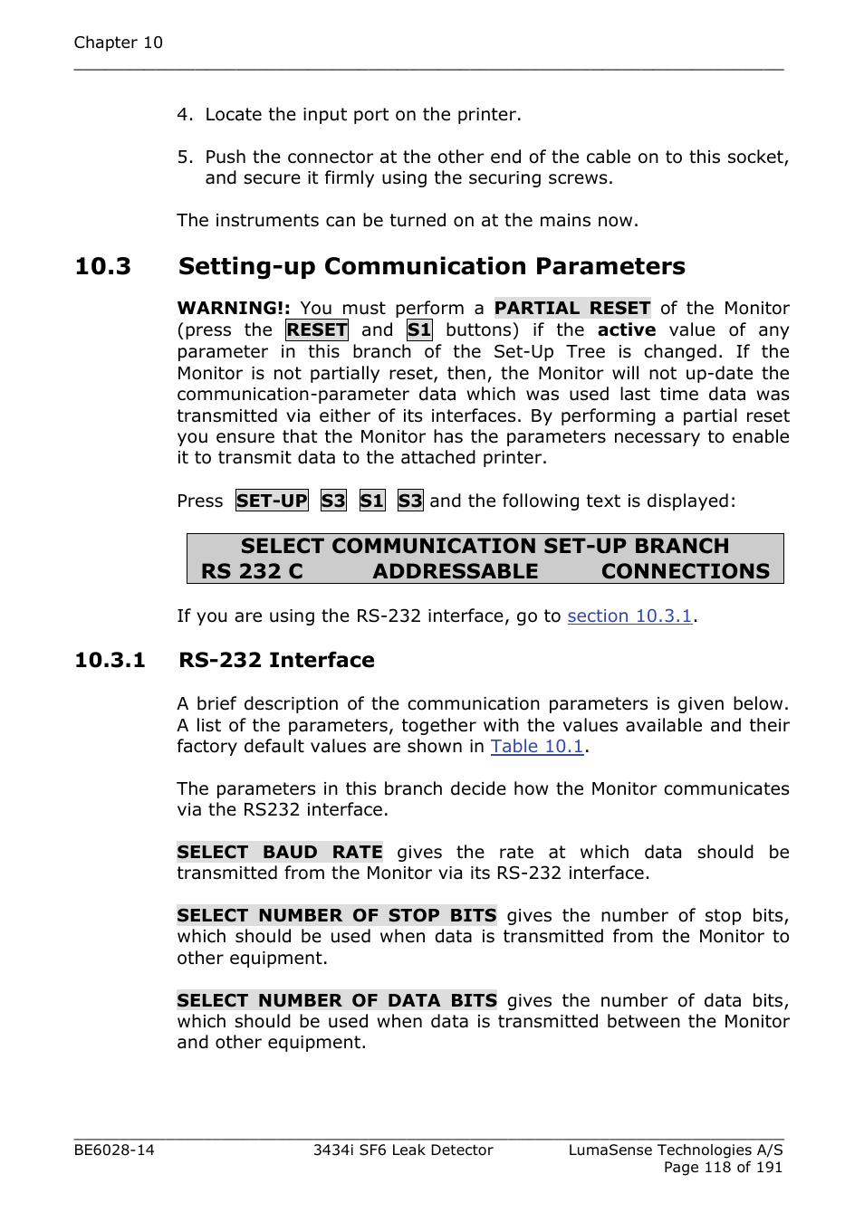 3 setting-up communication parameters, 1 rs-232 interface | LumaSense Technologies 3434i SF6 Leak Detector User Manual | Page 118 / 191