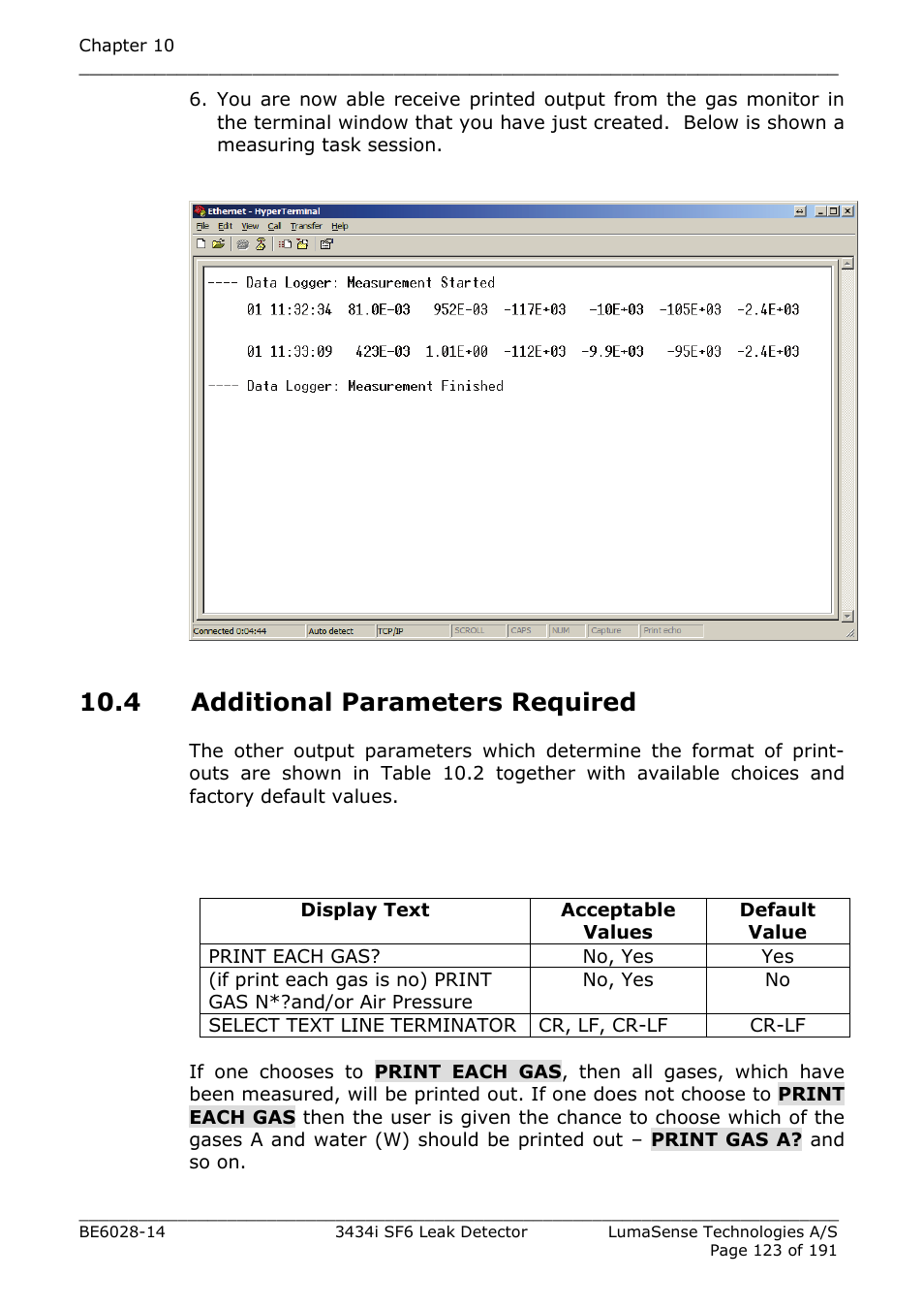 4 additional parameters required | LumaSense Technologies 3434i SF6 Leak Detector User Manual | Page 123 / 191