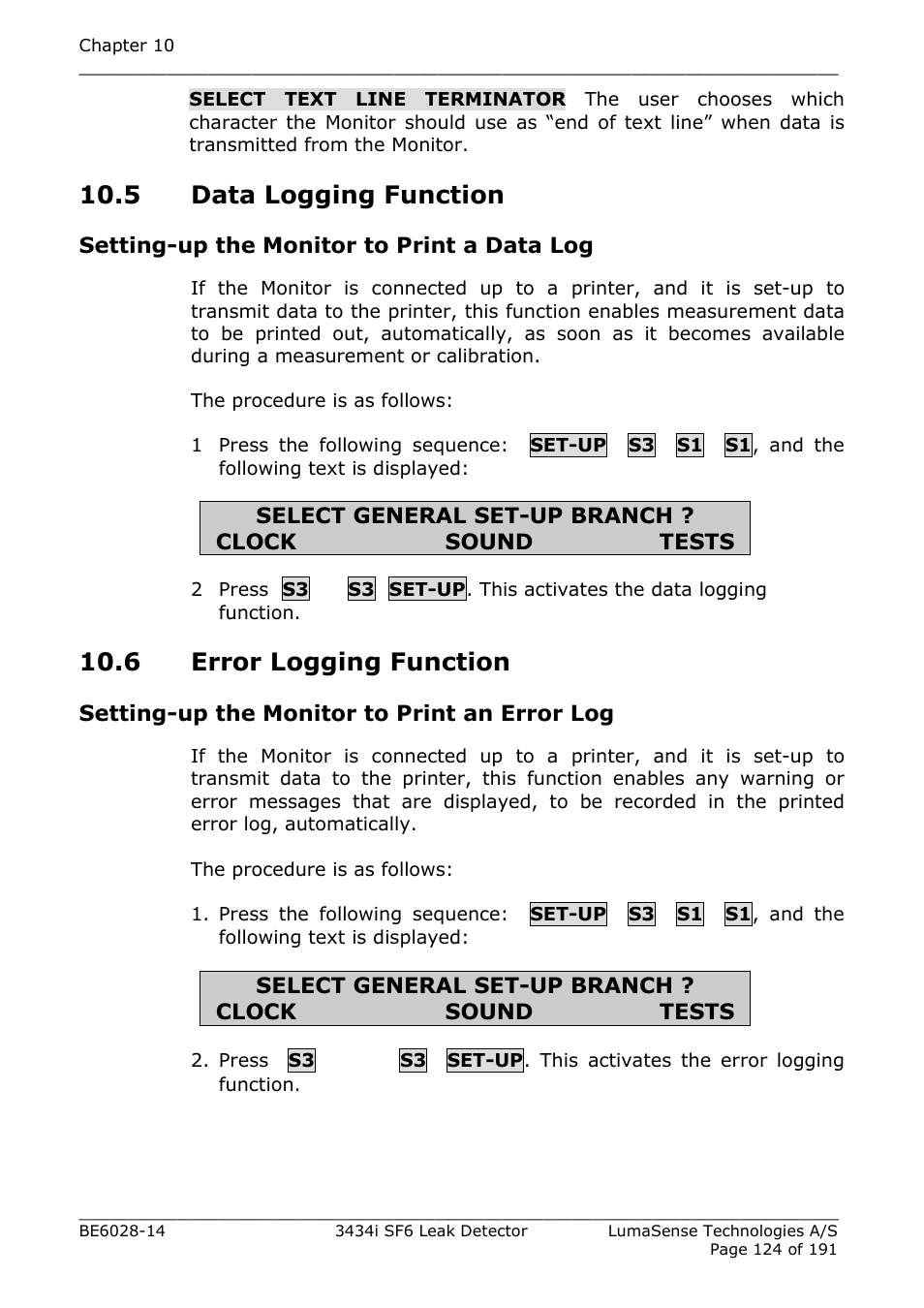 5 data logging function, 6 error logging function, Section | LumaSense Technologies 3434i SF6 Leak Detector User Manual | Page 124 / 191