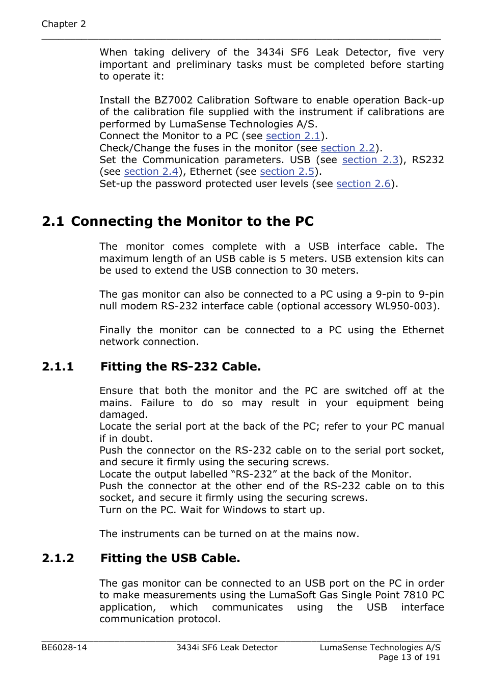 1 connecting the monitor to the pc, 1 fitting the rs-232 cable, 2 fitting the usb cable | LumaSense Technologies 3434i SF6 Leak Detector User Manual | Page 13 / 191