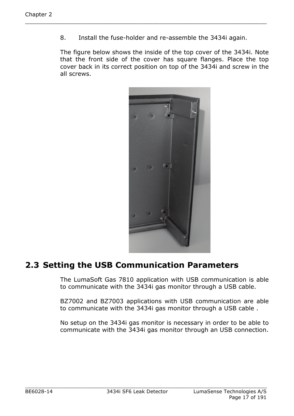 3 setting the usb communication parameters, Section 2.3 | LumaSense Technologies 3434i SF6 Leak Detector User Manual | Page 17 / 191