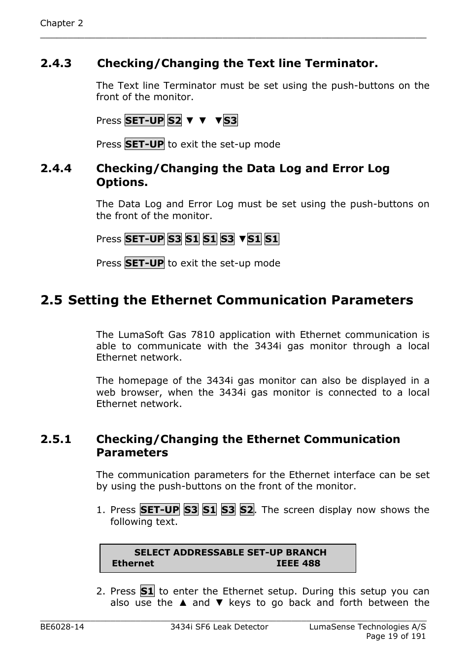 3 checking/changing the text line terminator, 5 setting the ethernet communication parameters, Section 2.5 | LumaSense Technologies 3434i SF6 Leak Detector User Manual | Page 19 / 191
