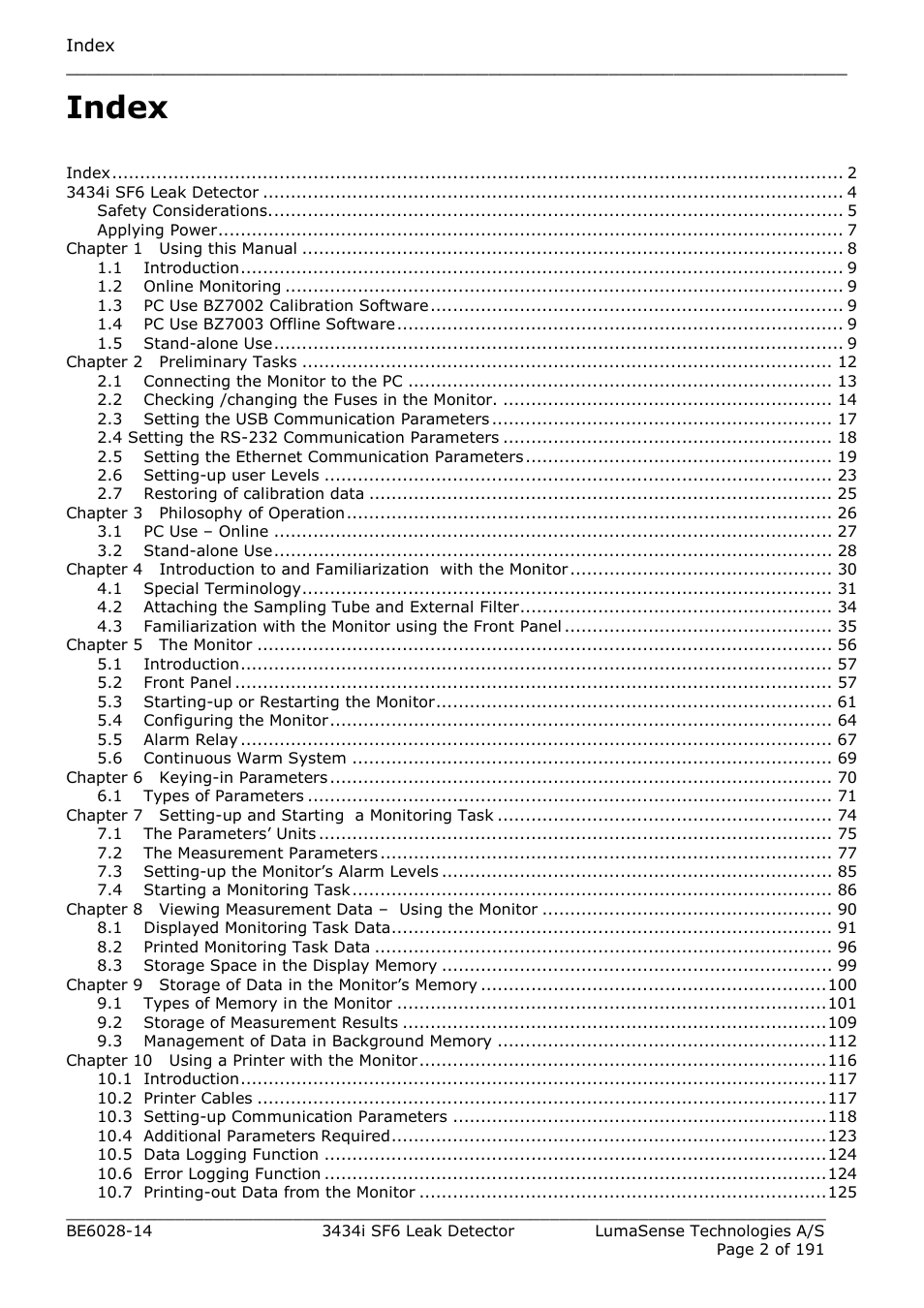 Index | LumaSense Technologies 3434i SF6 Leak Detector User Manual | Page 2 / 191