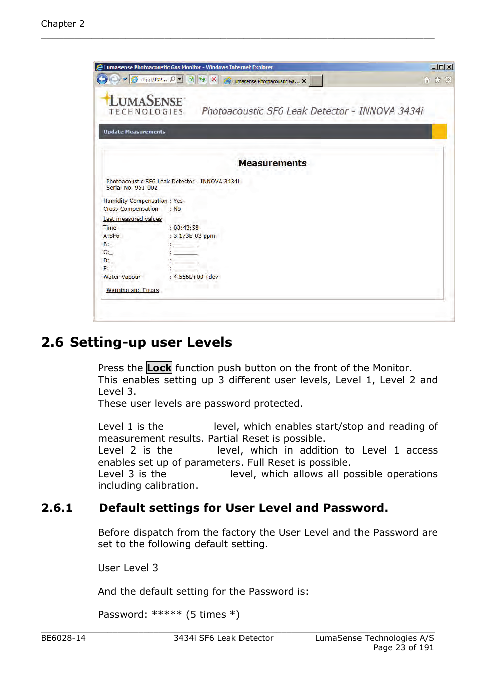 6 setting-up user levels, 1 default settings for user level and password, Section 2.6 | LumaSense Technologies 3434i SF6 Leak Detector User Manual | Page 23 / 191