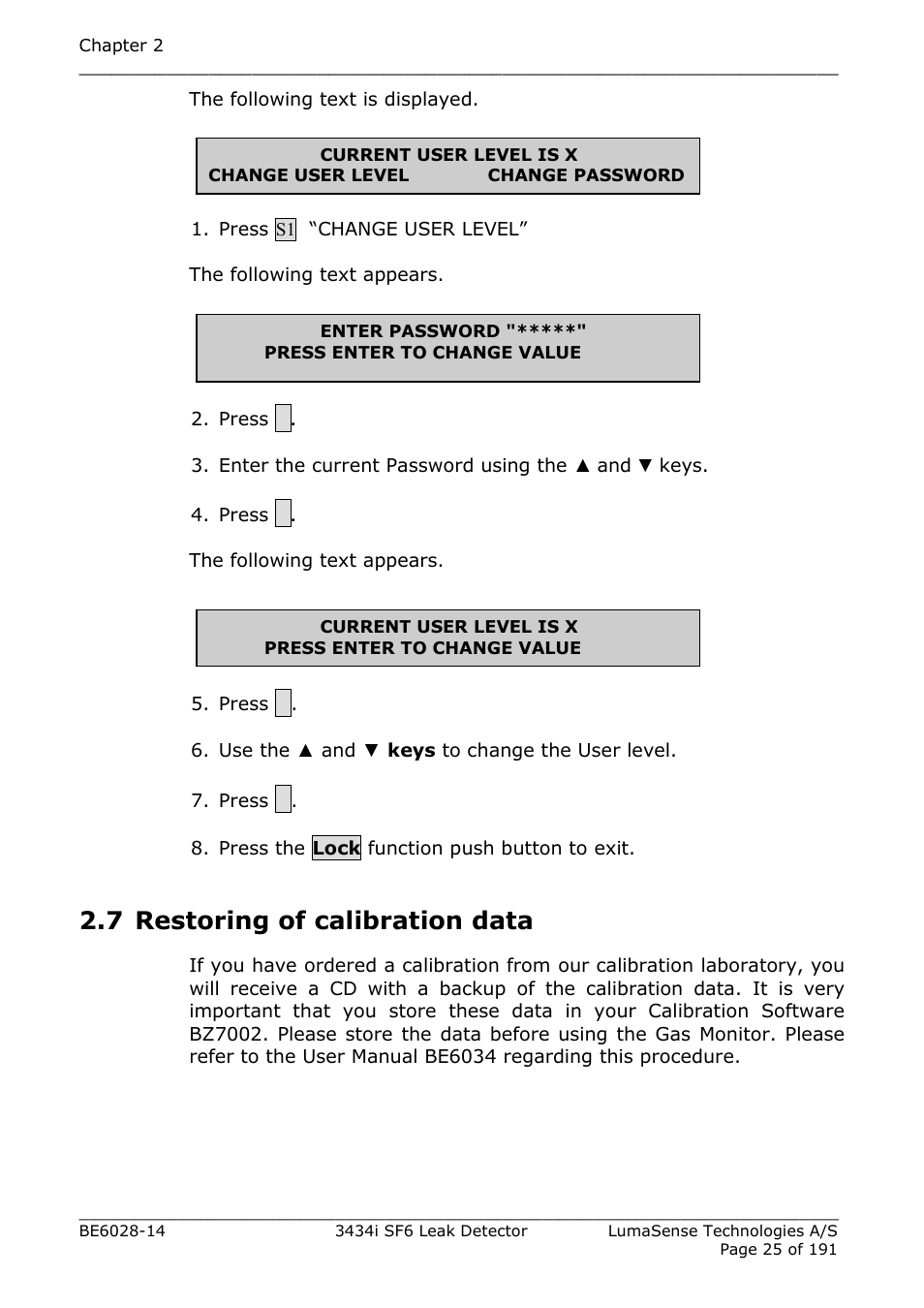 7 restoring of calibration data | LumaSense Technologies 3434i SF6 Leak Detector User Manual | Page 25 / 191