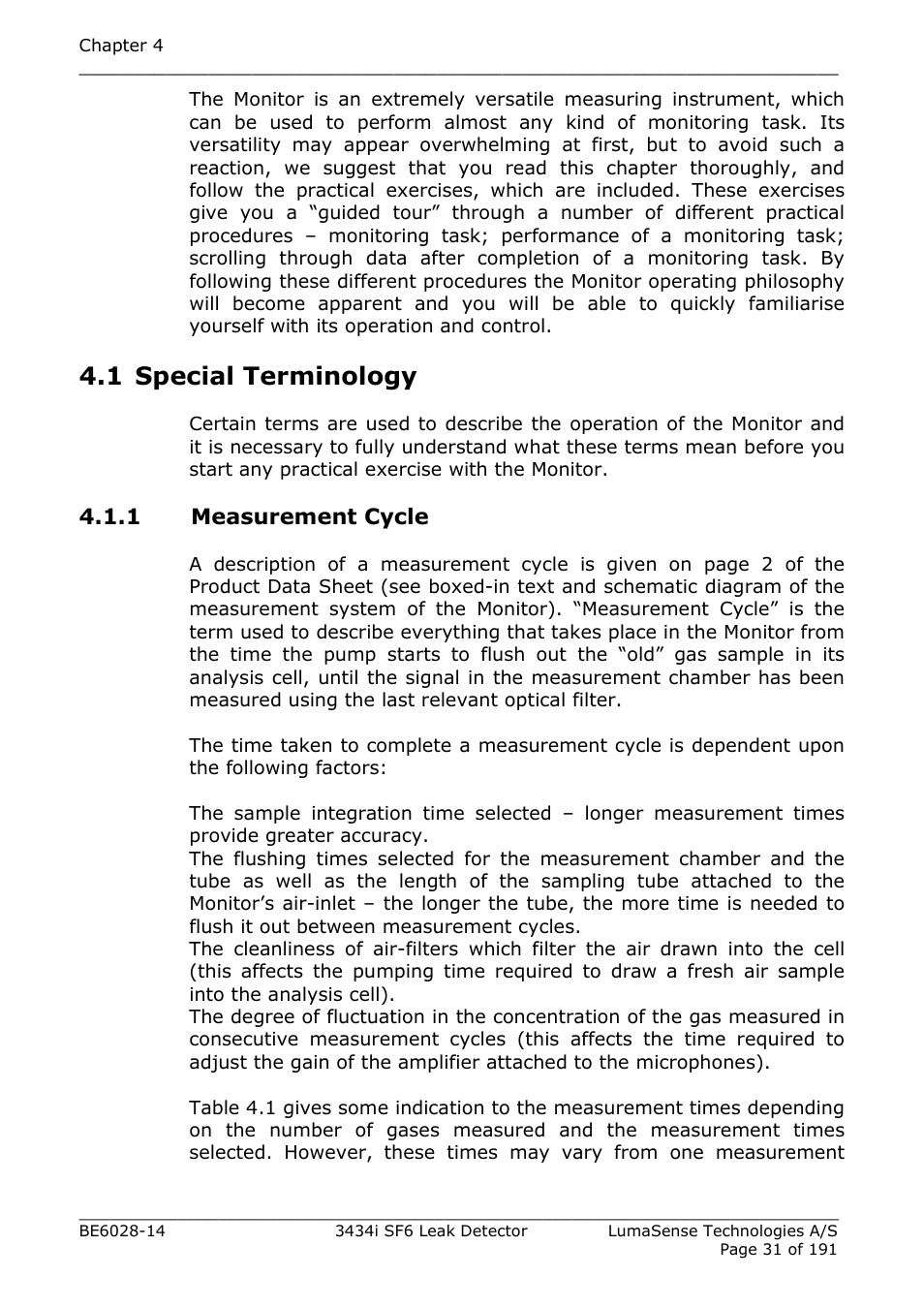 1 special terminology, 1 measurement cycle | LumaSense Technologies 3434i SF6 Leak Detector User Manual | Page 31 / 191