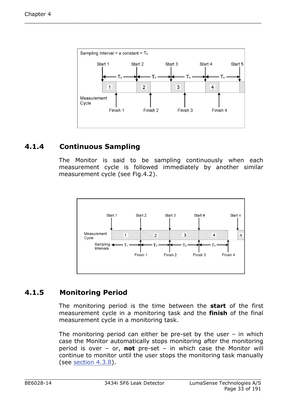 4 continuous sampling, 5 monitoring period | LumaSense Technologies 3434i SF6 Leak Detector User Manual | Page 33 / 191