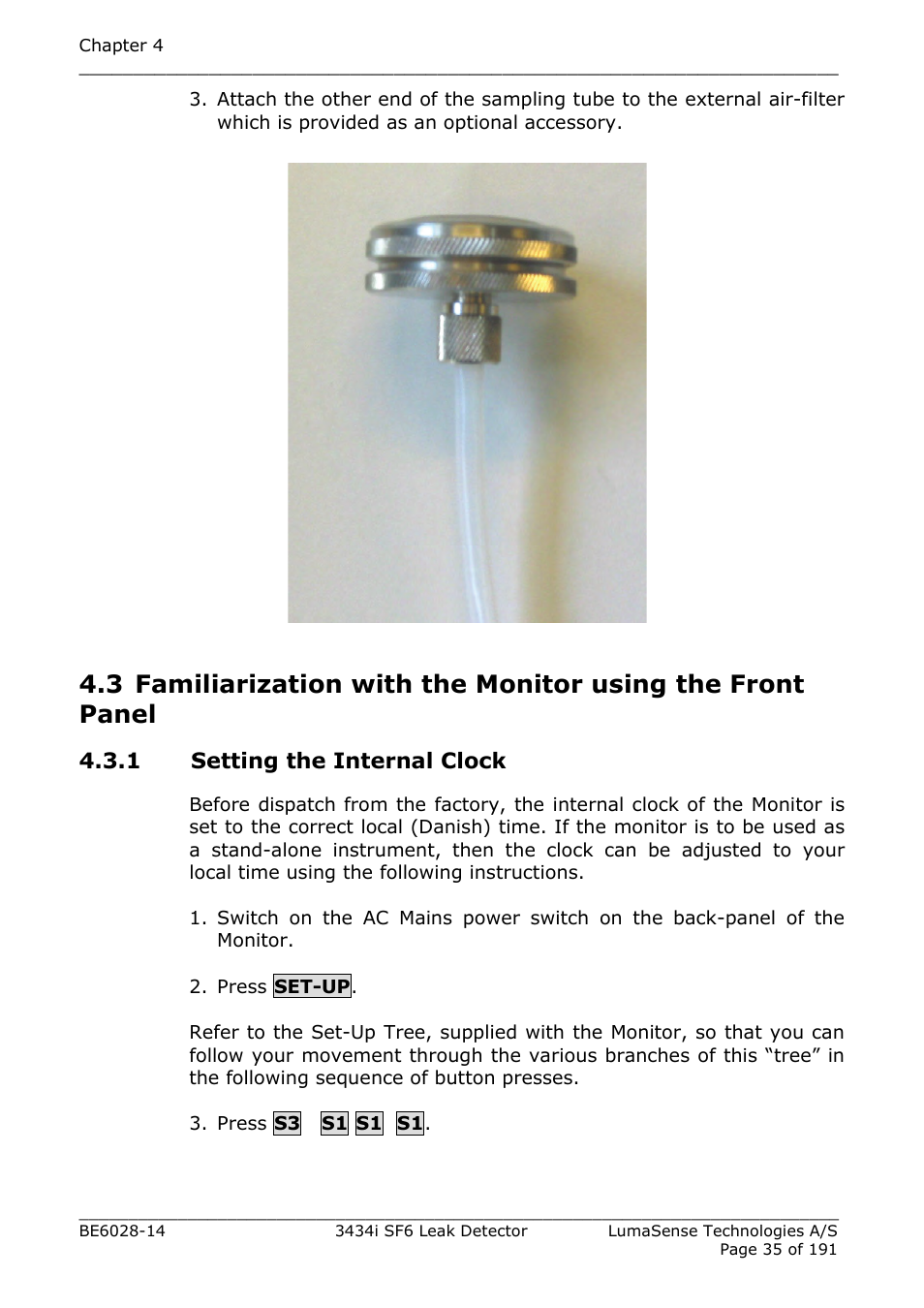 1 setting the internal clock | LumaSense Technologies 3434i SF6 Leak Detector User Manual | Page 35 / 191