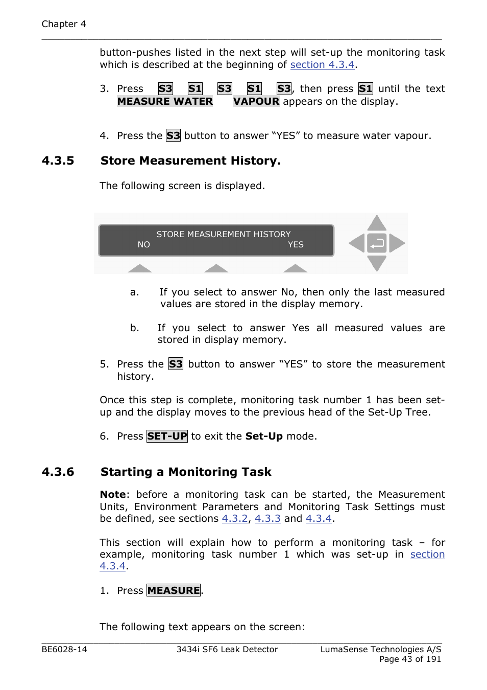 5 store measurement history, 6 starting a monitoring task | LumaSense Technologies 3434i SF6 Leak Detector User Manual | Page 43 / 191