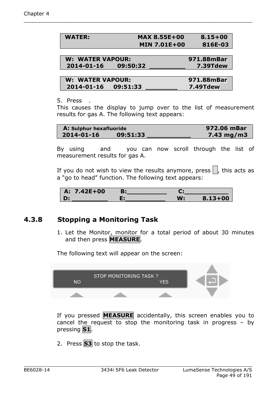 8 stopping a monitoring task, Section 4.3.8 | LumaSense Technologies 3434i SF6 Leak Detector User Manual | Page 49 / 191